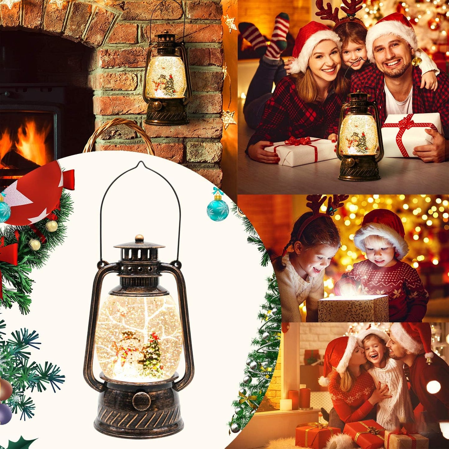 Christmas Snow Globe Lantern with Swirling Glitter and Battery & USB Powered Light 6H Timer for Christmas Home Decoration and Gift (Christmas Tree and Snowman)