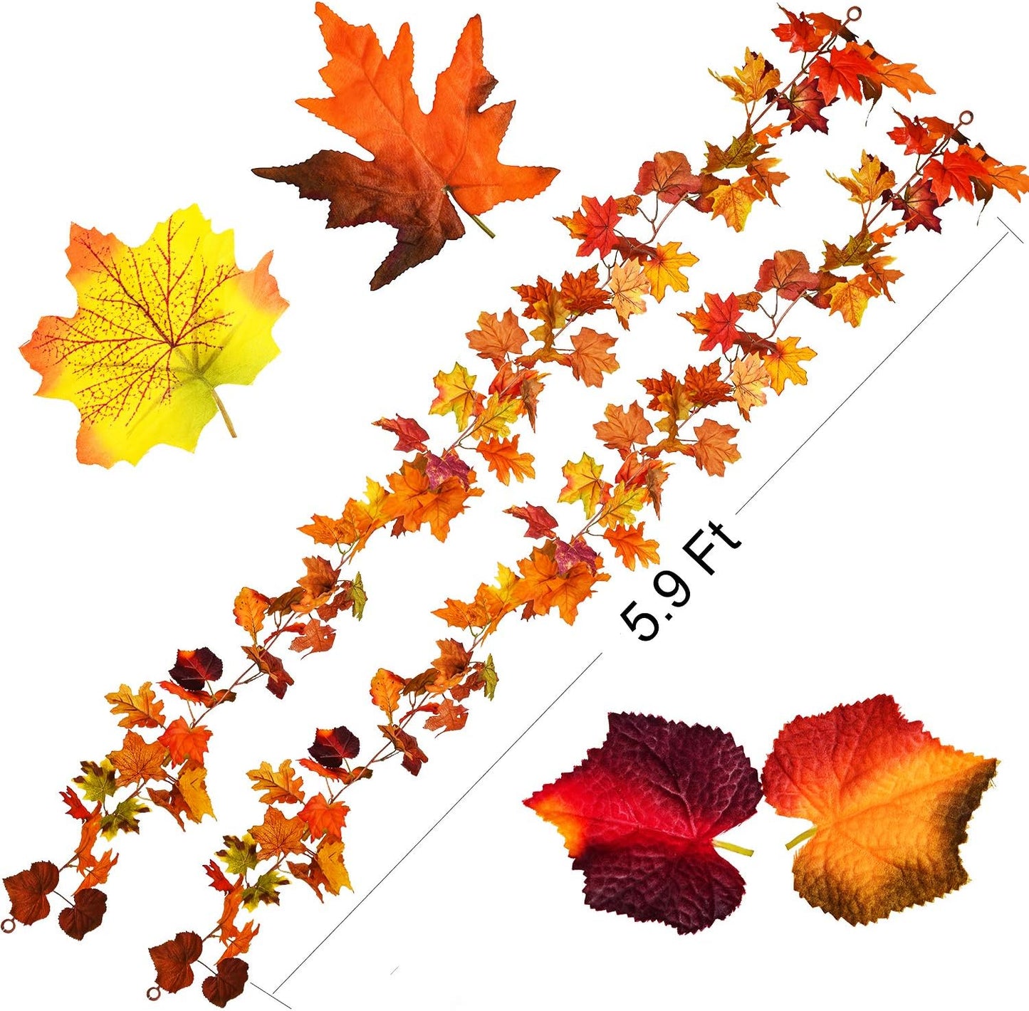 DearHouse 2 Pack Fall Garland Maple Leaf, 5.9Ft/Piece Hanging Vine Garland Artificial Autumn Foliage Garland Thanksgiving Decor for Home Wedding Fireplace Party Christmas (Orange)