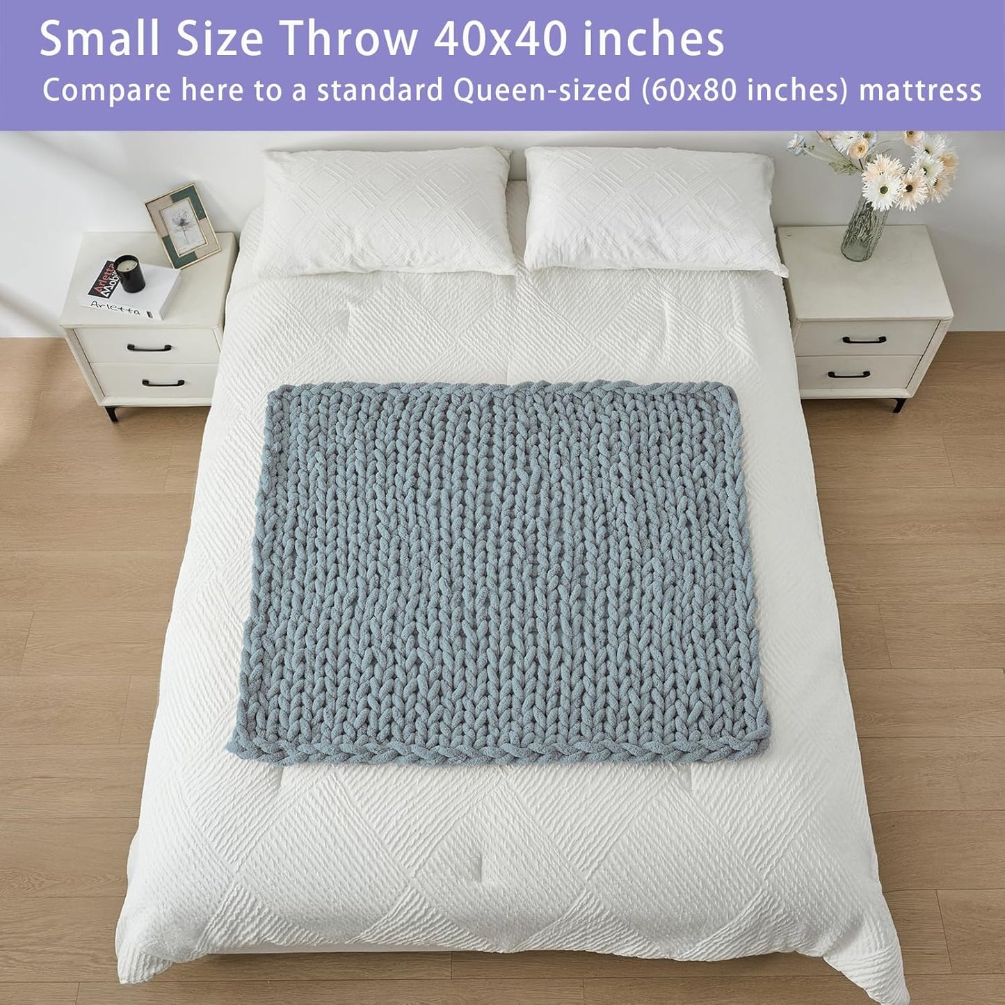 Bigacogo Chunky Knit Throw Blanket for Couch, 40x40 inches, 100% Hand Knitted with Thick Jumbo Chenille Yarn, Cozy Soft Large Rope Knot Cable Crochet Blankets for Sofa Bed Living Room, Dusty Blue