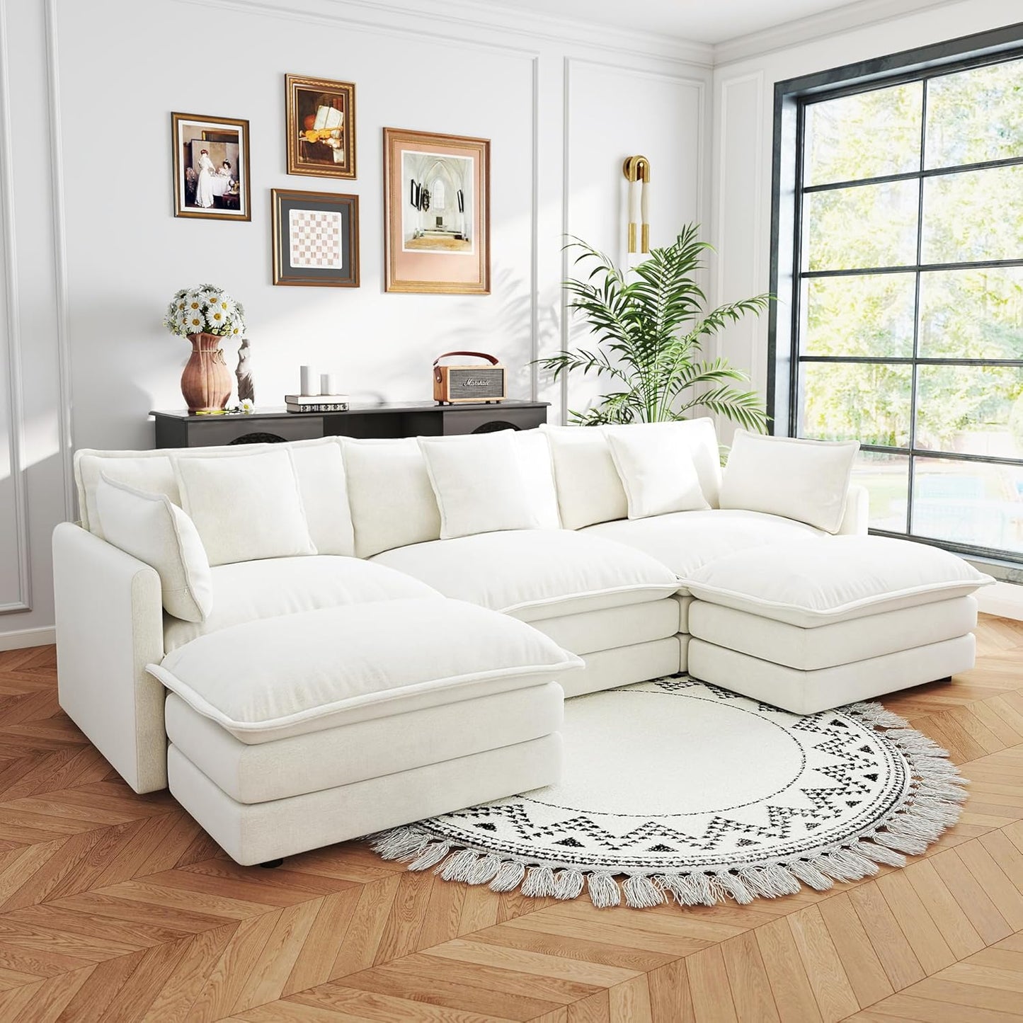 Sectional Sofa 3 Seater with Movable 2 Ottomans,Oversized Modular Couch Deep Seat (Beige, 111.5 inch-U)