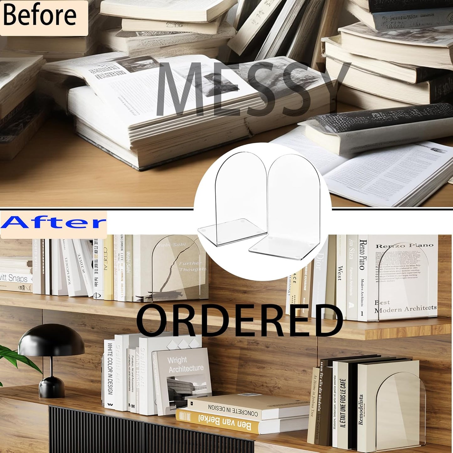 Lulonpon 8 Pieces Book Ends for Shelves, Heavy Books, School, Library, Desktop Organizer - Clear Acrylic Bookends