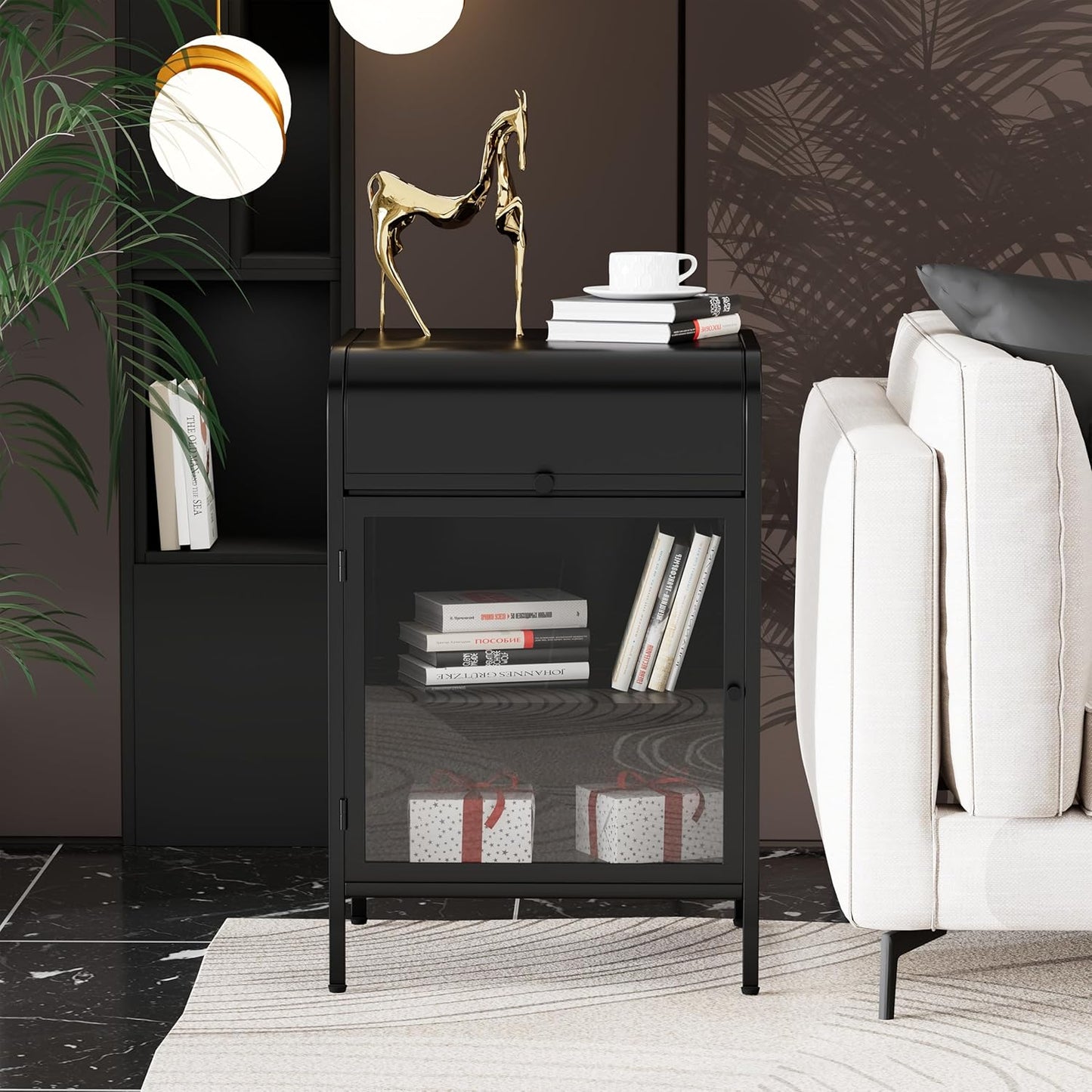 Modern Metal Side Tables, End Tables with Glass Door, 2-Tier Nightstands with Storage Shelves, Accent Table, Slim Sofa Table for Living Room, Bedroom (1, Black)