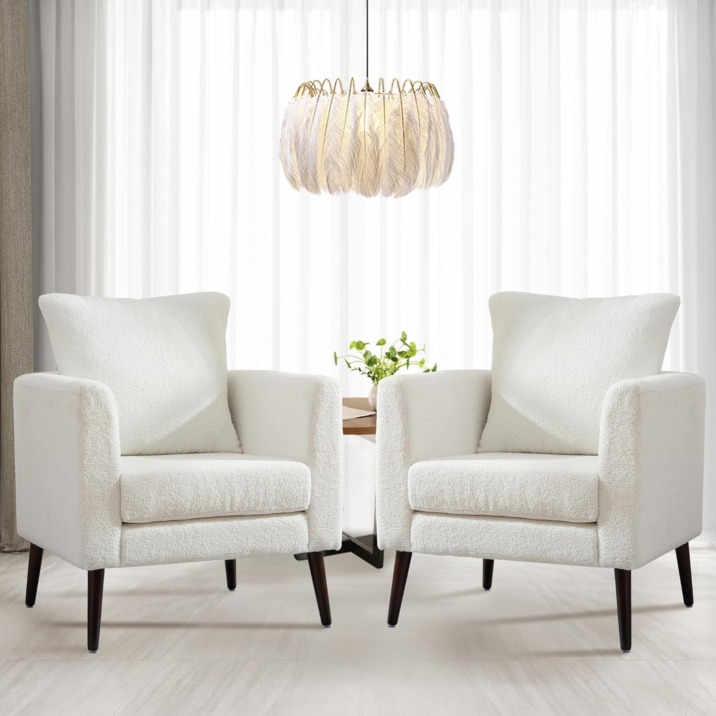 Barrel Accent Chair Set of 2 with Back Pillow, Large Teddy Upholstered Armchair with Solid Wood Legs Modern Reading Chairs for Living Room Bedroom