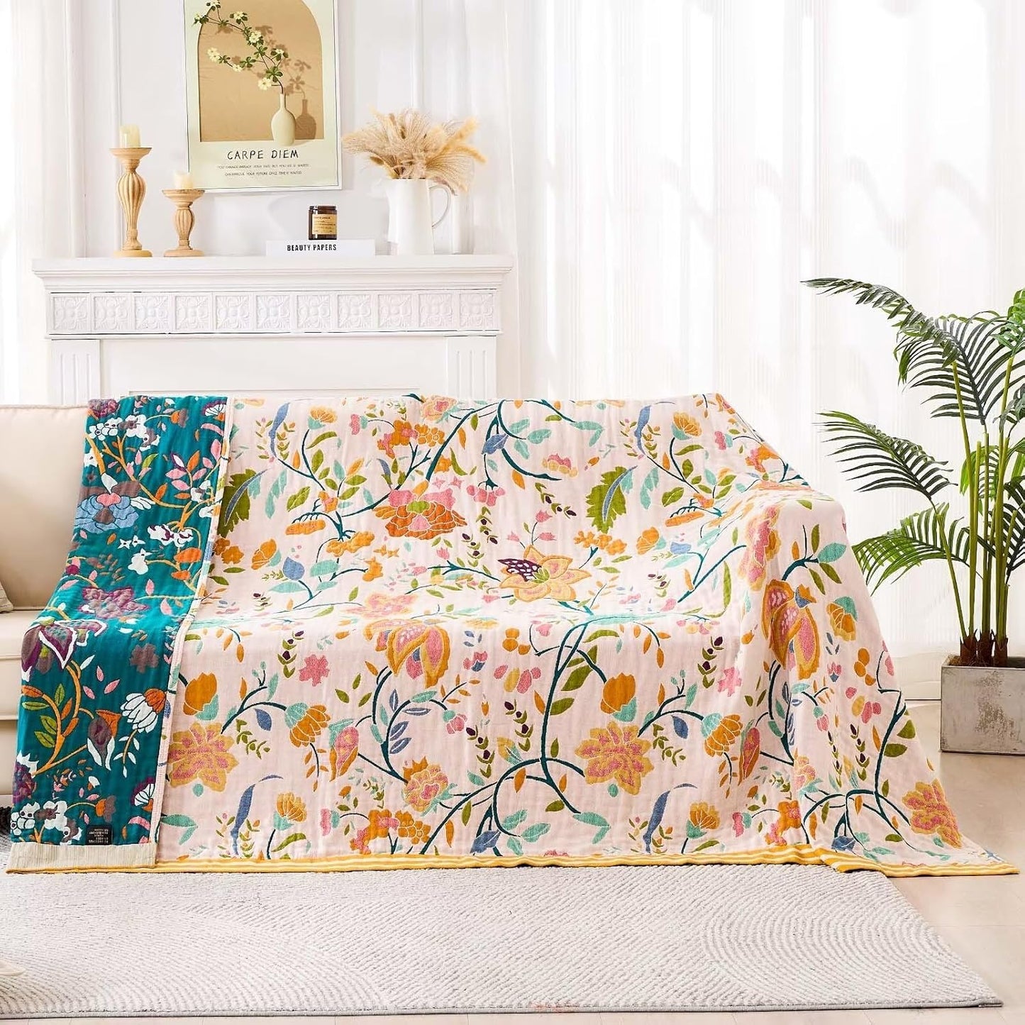 Boho Throw Blanket for Bed, 100% Cotton Soft Rustic Quilt Fall Blanket, 80" 90" Floral Printed Farmhouse Decor Bed Blankets, All Season Rustic Reversible Bohemian Throw Quilt