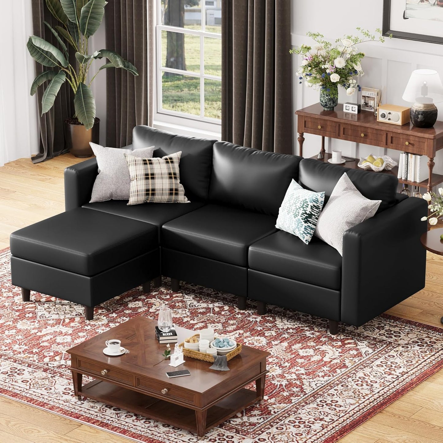 91.5" Faux Leather Modular Sectional Sofa, L Shaped Couch Set for Living Room, 3-Seater Comfy Cloud Couches with Movable Storage Ottoman,DIY Combination - Black