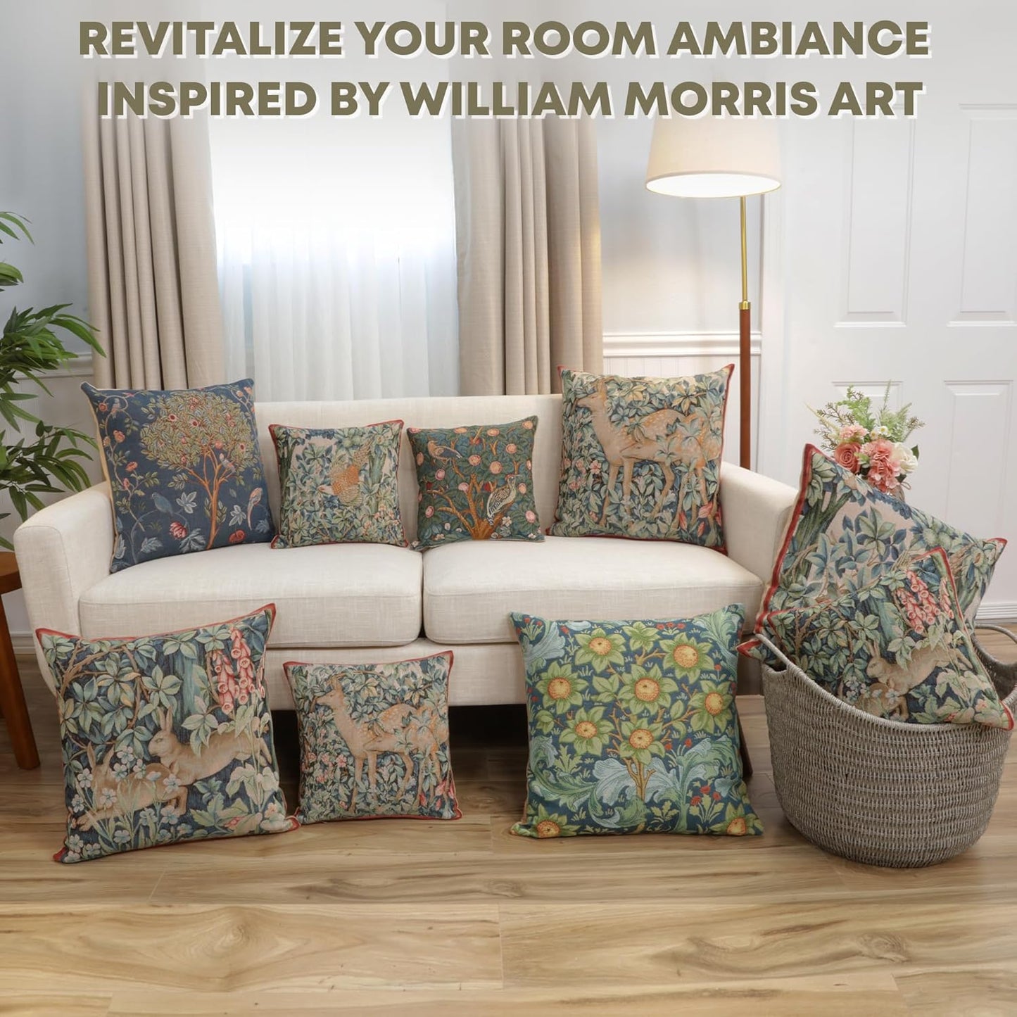 Charlotte Home Furnishings Decorative Tapestry Pillow Cover 19x19 in, Green Hares Couch Throw Pillow Cover, French Country Square Cushion Cases for Living Room Home Decor, Soft Cotton Jacquard Woven