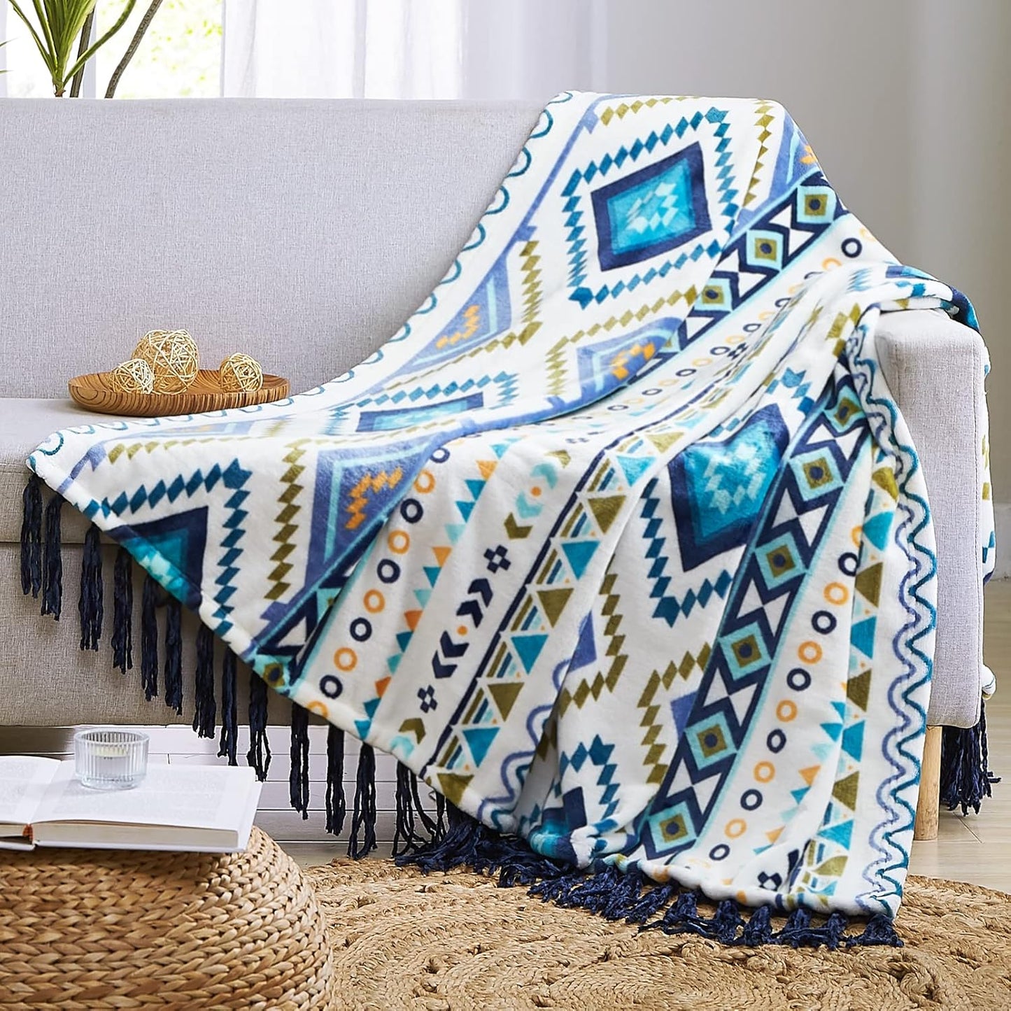 CASAAGUSTO Boho Throw Blanket - Blue and White Decorative Blankets with Tassel, Printed Flannel Bohemian Blanket for Chair, Bed, Sofa, Couch(50 * 60, Blue and White)