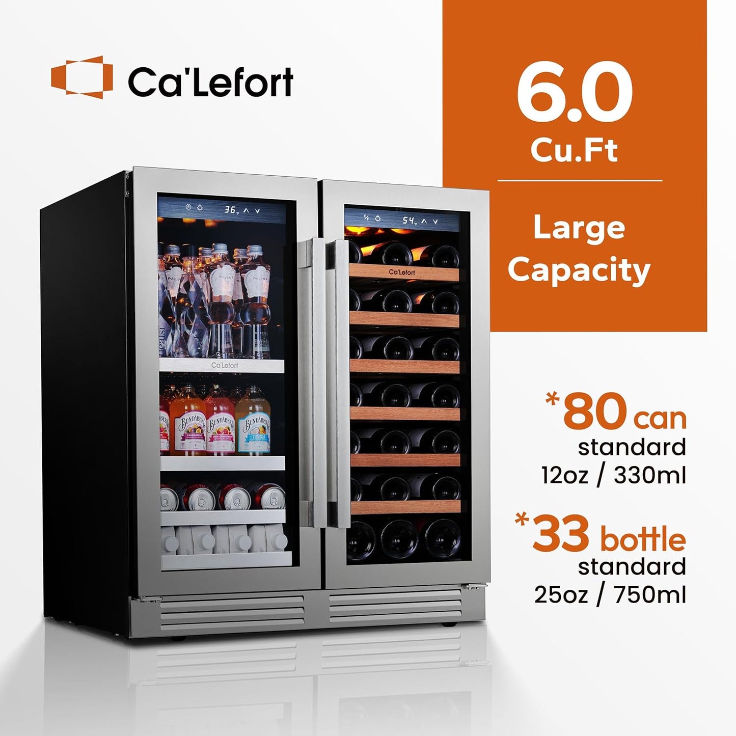 Ca'Lefort 30 Inch Wine and Beverage Refrigerator, 80 Can and 33 Bottle French Door Wine Refrigerator 36-72°F, 3 LED Wine Fridges with Glass Door, Built-in or Freestanding for Home/Kitchen (6.00 cu.ft)