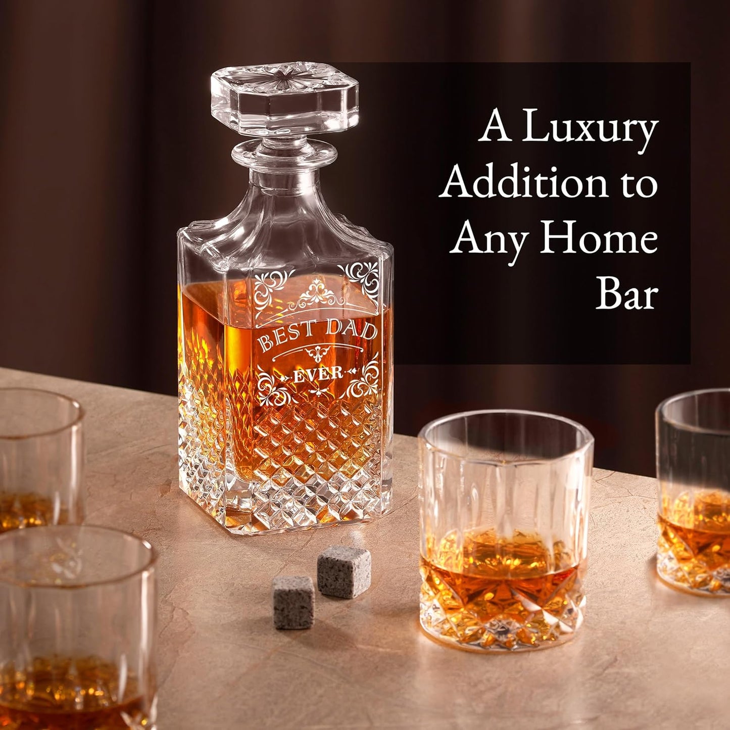 Luxury Gift For Men - Best Dad Ever - Unique Engraved Whiskey Decanter Set For Beloved Dad Christmas or Birthday Gift – 4 Whiskey Glasses And Decanter Set Is a Great Gift Idea for Whisky, Bourbon