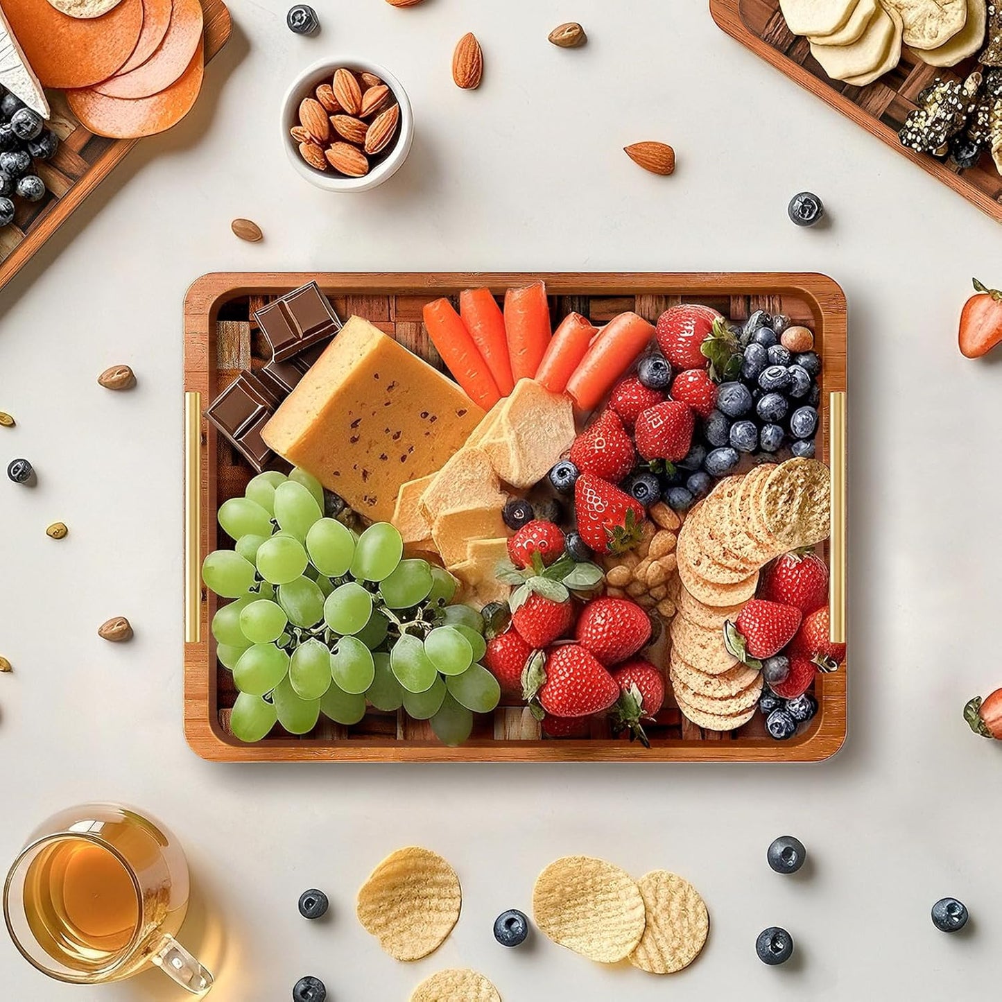 Wooden Serving Tray with Handles Mat, Decorative Coffee Table Trays, Wood Ottoman Tray for Serving Food Drink Breakfast Dinner,1 Pcs