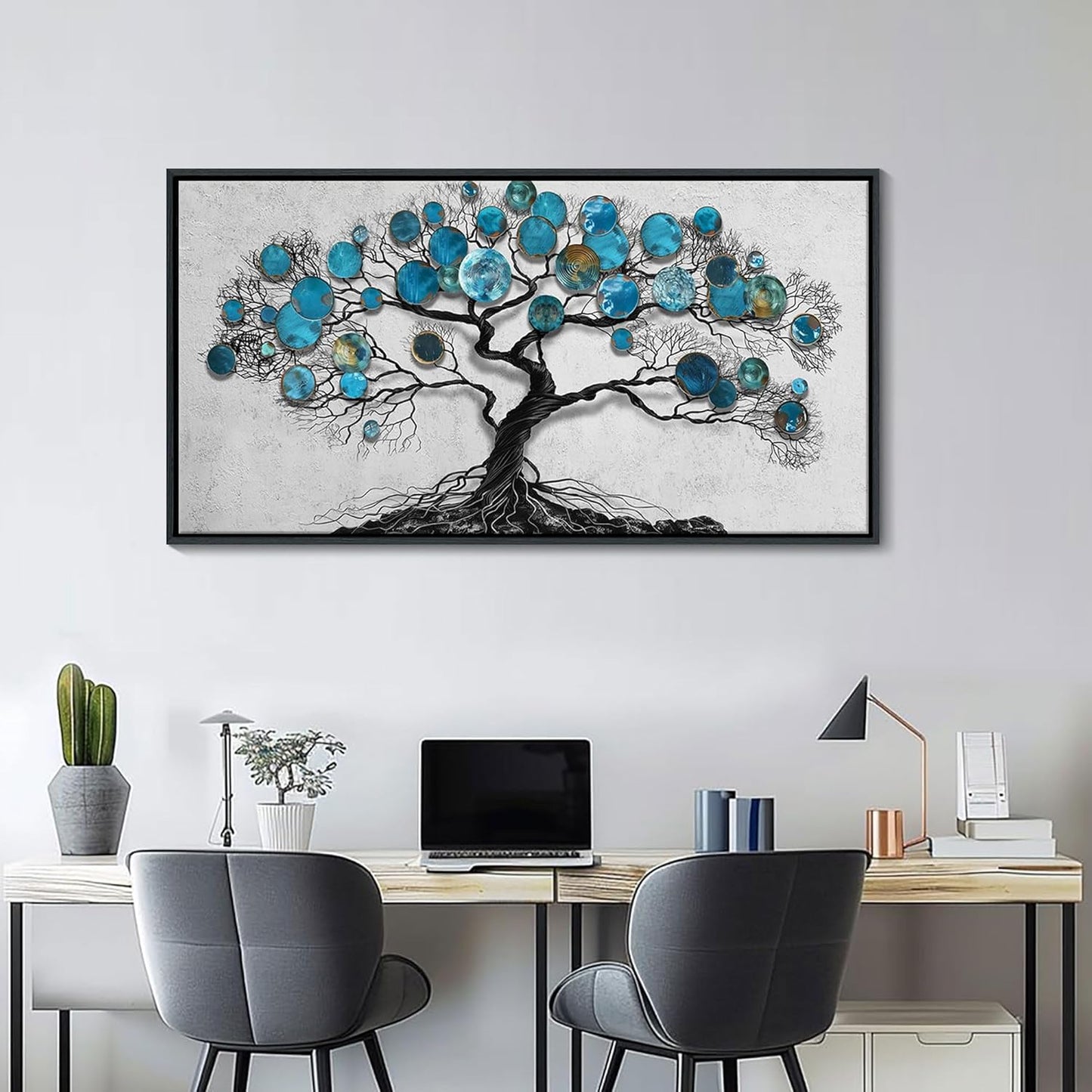 CHATYOUNG Living Room Wall Art - Tenacious Tree of Life Teal Blue Leaves Theme Large Paintings Canvas Framed Wall Picture for Office Bedroom Kitchen Office Home Decor 40"x20"