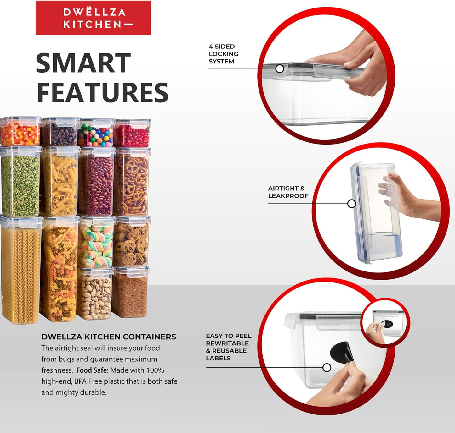 DWËLLZA KITCHEN Set of 14 Airtight Food Storage Containers for Pantry Organization and Storage - Sugar, Flour, Pasta, Spaghetti Plastic Air tight Kitchen Storage Containers With Lids, Labels & Marker