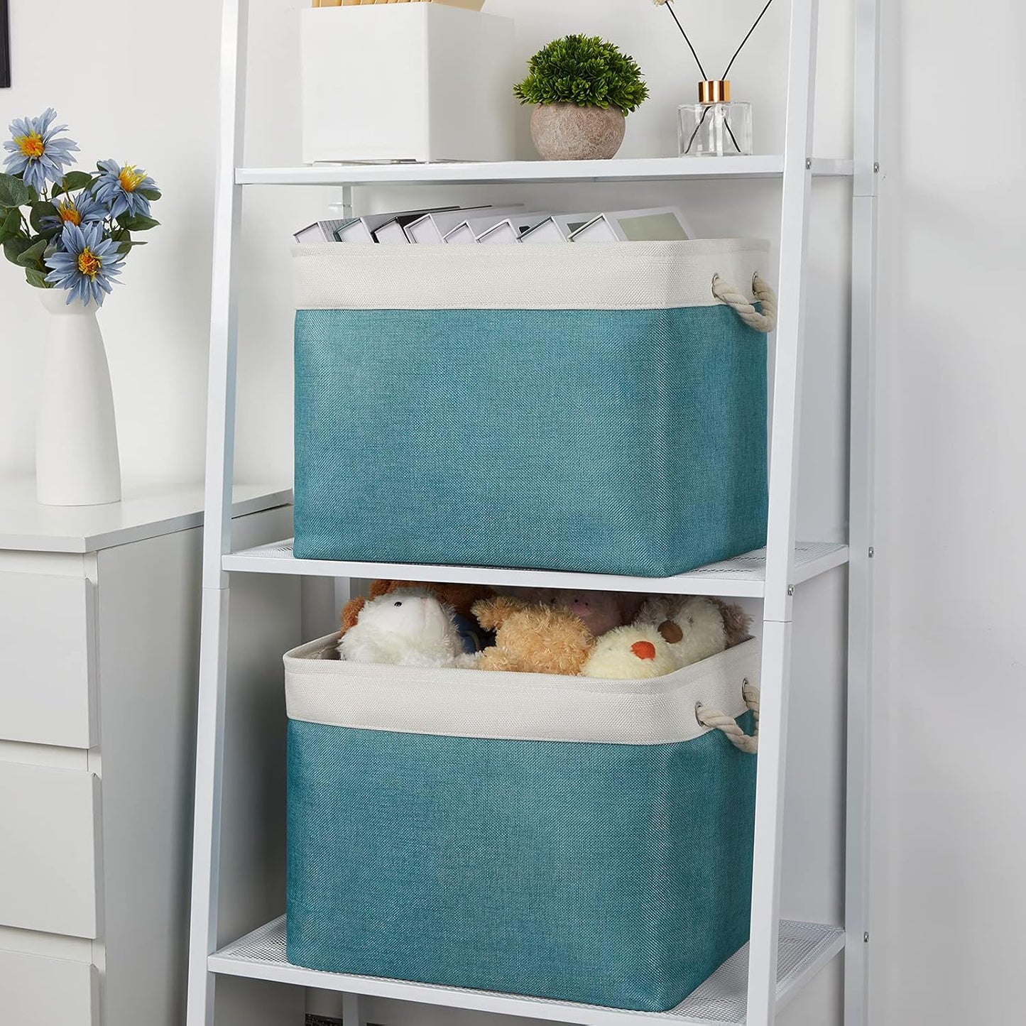 Bidtakay Foldable Storage Bins Set of 2 Tall Cloth Baskets 16" X 11.8" X 11.8" Decorative Organizers for Linen Closet (White & Teal)