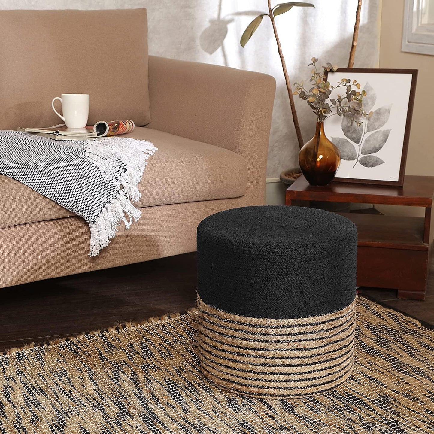 REDEARTH · Cylindrical Pouf Ottoman - Braided Pouffe Accent Sitting Round Footrest for Living Room, Bedroom, Nursery, kidsroom, Patio, Gym; 70% Cotton 30% Jute, (14.5x14.5x16; Black Natural)