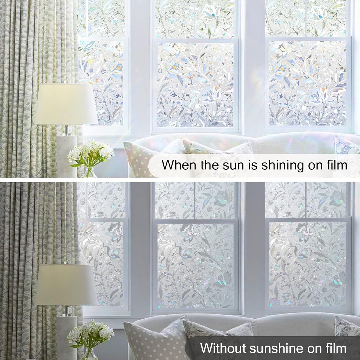 DOWELL Window Privacy Film, 3D Stained Glass Rainbow Films, Decorative Window Vinyl Sun Blocker Door Covering, Static Cling Non-Adhesive Glass Sticker for Home, Blooming Flowers, 17.5"x78.7"