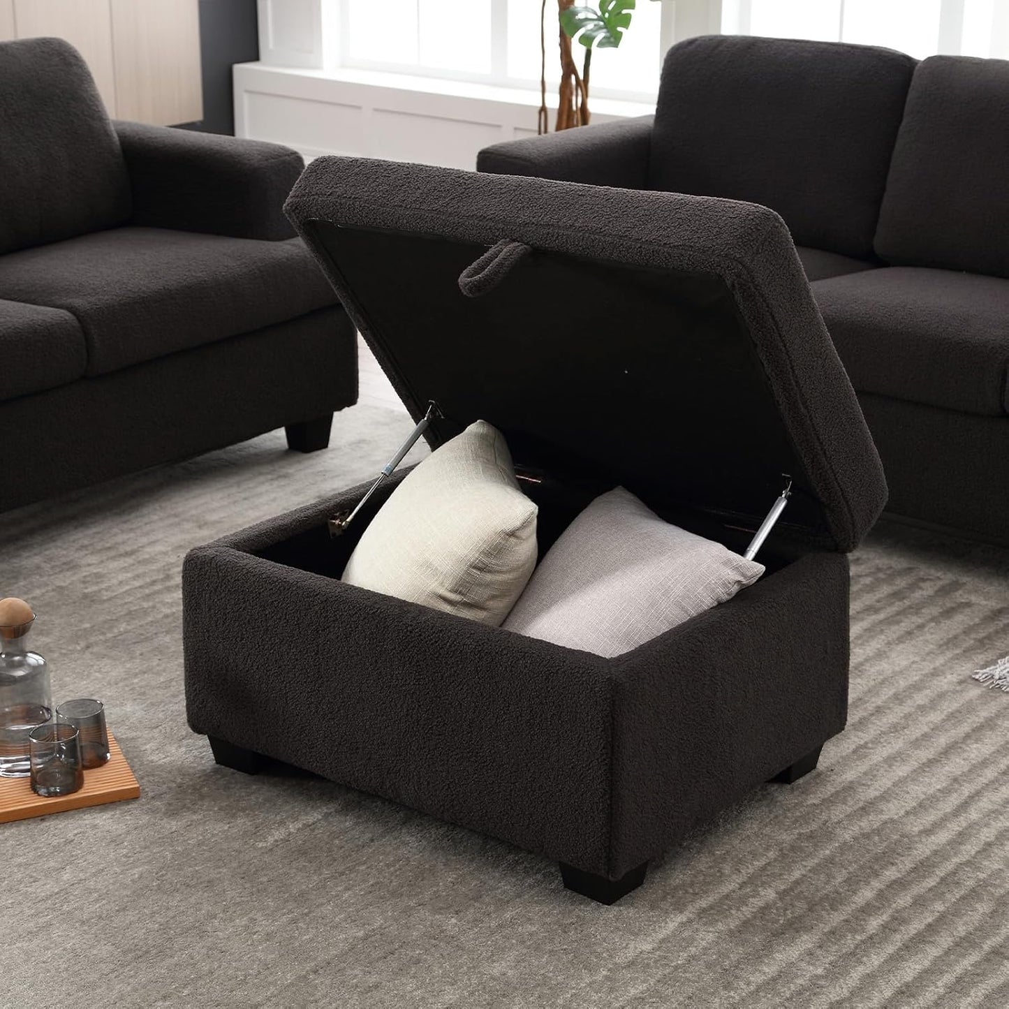 Ottoman Sofa, Modern Comfortable Ottoman with Storage Space for Living Room Apartment Lounge Sofa, Black Bouclé
