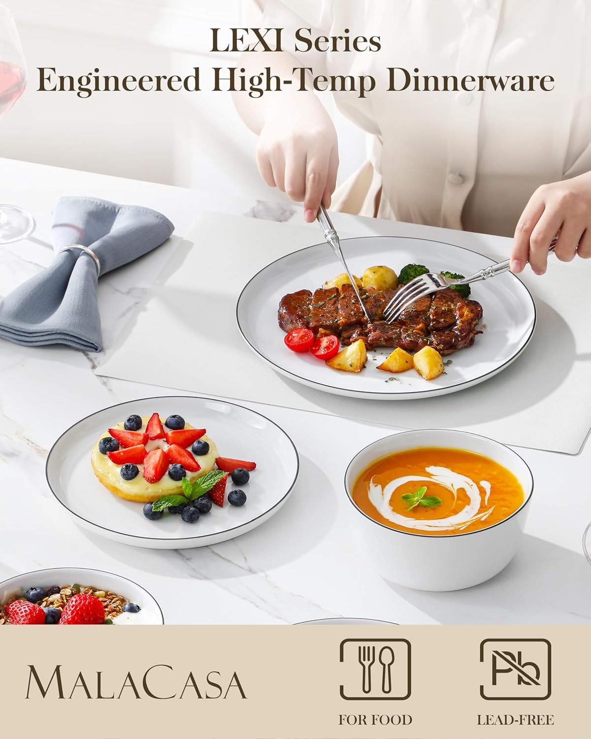 MALACASA 18 Pieces Gourmet Porcelain Dinnerware Sets, Premium Plates and Bowls Set, High-Fired Dishes Set for 6, Chip & Scratch Resistant, Microwave Dishwasher Safe, White & Black Rim, Series LEXI