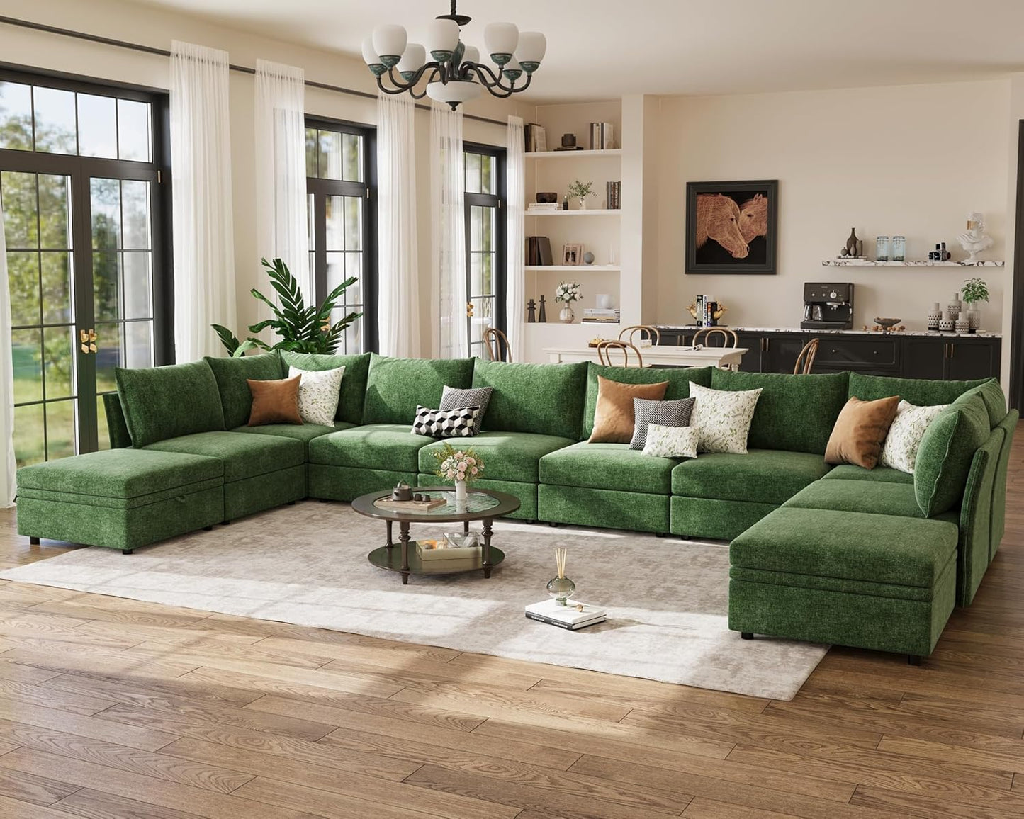 198.6" Oversized Modular Sectional Sofa, U Shaped Convertible Couch with Movable Ottoman, Large 10 Seats Corner Couches for Living Room Deep Seat Green Chenille