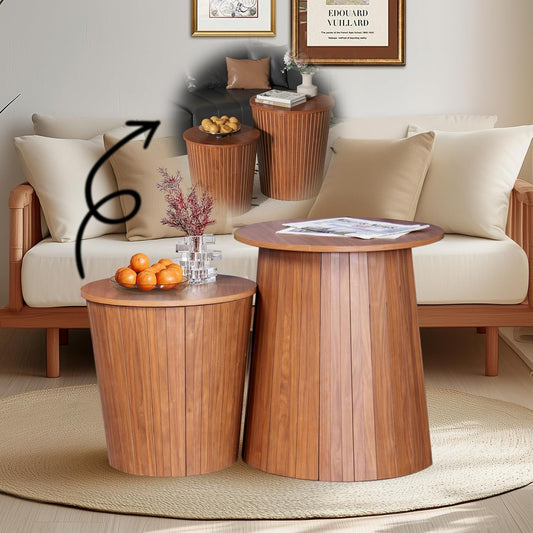 Round Coffee Table Set,2-Piece Modern Farmhouse Living Room End Table Set, Nesting Table Round Natural Finish for Living Room (Walnut, 17.72'')