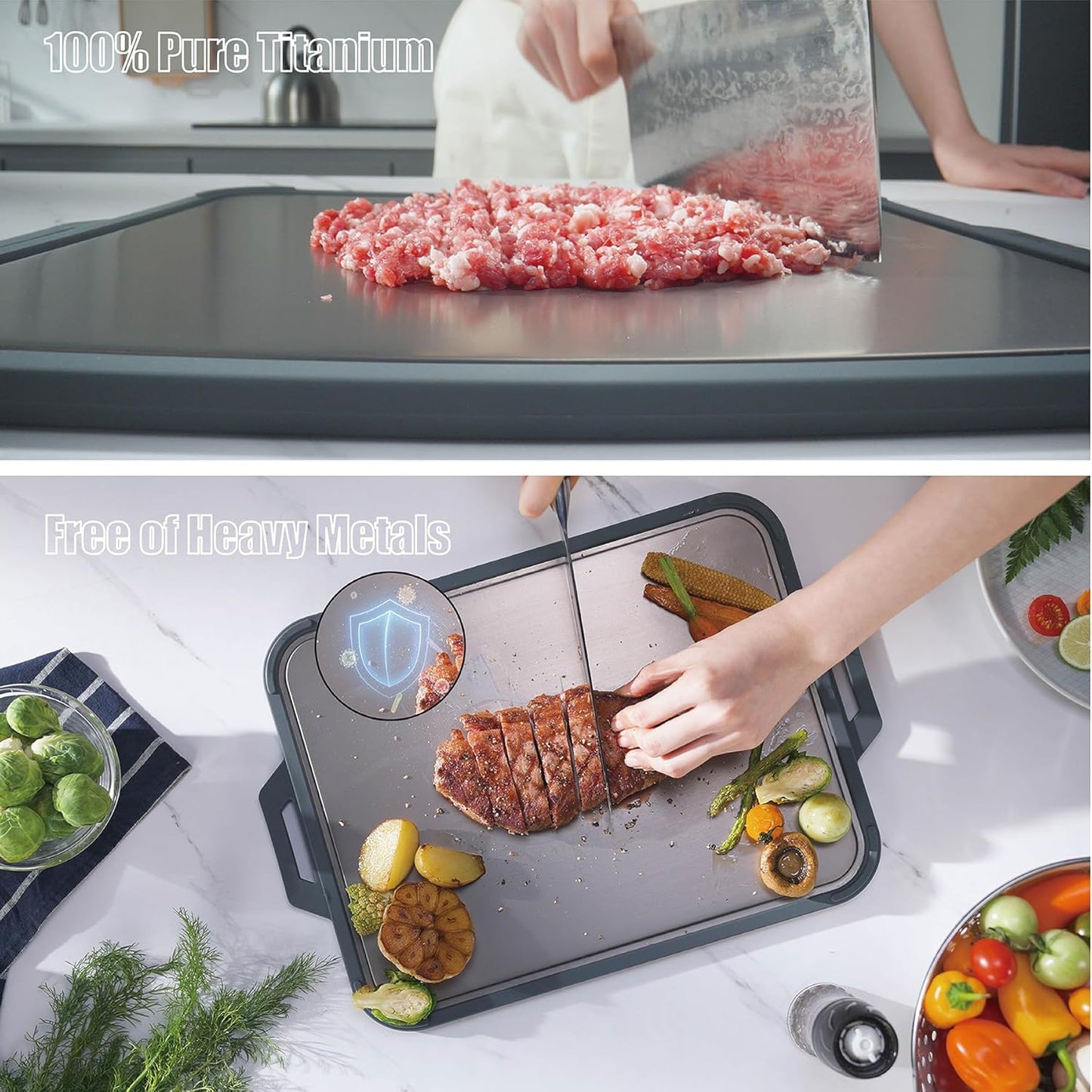 GUANCI Pure Titanium Cutting Board, Double Sided Cutting Board for Kitchen, Pure Titanium/Wood Fiber Composite with Juice Groove Dishwasher Safe 16"L x 11"W