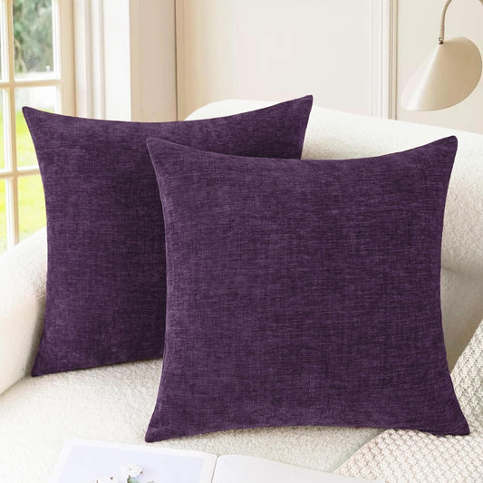 CaliTime Throw Pillow Covers Decorative 16 X 16 Inches Pack of 2 Cozy Chenille Cushion Cases for Couch Sofa Bed Living Room Home Plum Purple