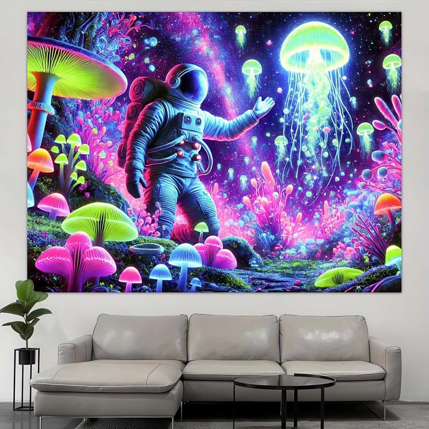 BlissYard Blacklight Astronaut Jellyfish Tapestry Trippy Mushroom Tapestry UV Reactive 59X78 inch Fantasy Plants Wall Tapestry Psychedelic Neon Galaxy Space Tapestry Wall Hanging for Room Boys Poster
