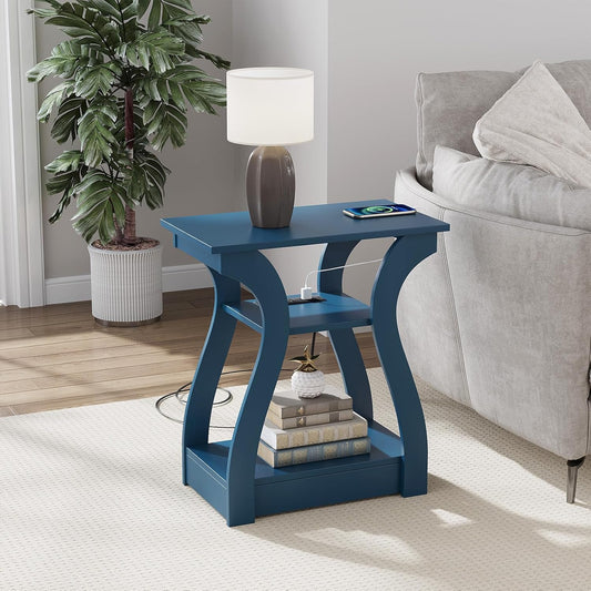 End Tables Living Room, End Table end Table with Charging Station and USB,Navy Blue Side Table, Nightstand for Bedroom,3 Tier End Table with Storage Shelf for Living Room