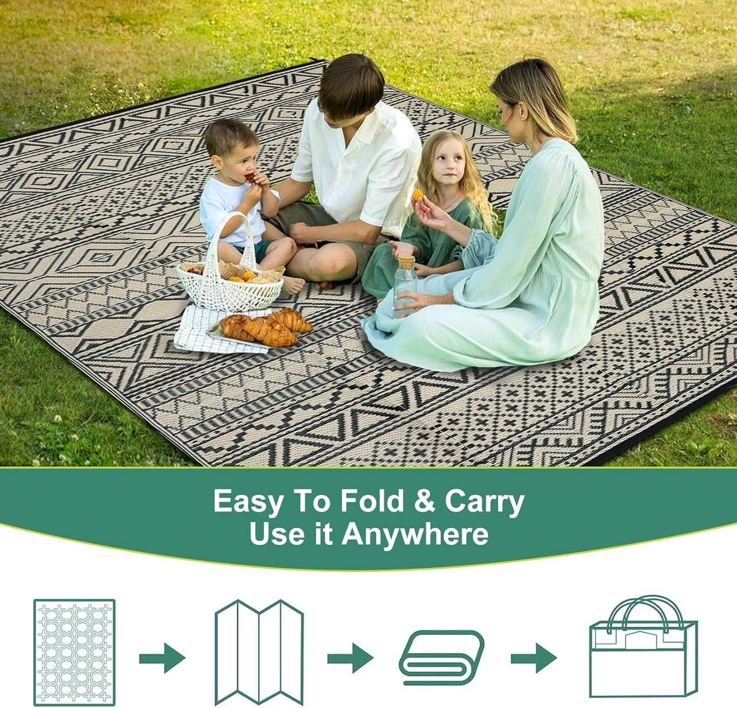 GAOMON Reversible Outdoor Rug 9'x18' Waterproof Plastic Straw Rug, Patio Rug, Large Modern Area Rug Carpet, Indoor Outdoor Rugs for Camping, Porch, Deck, Balcony, Backyard, Black/Coffee(Bohemia)
