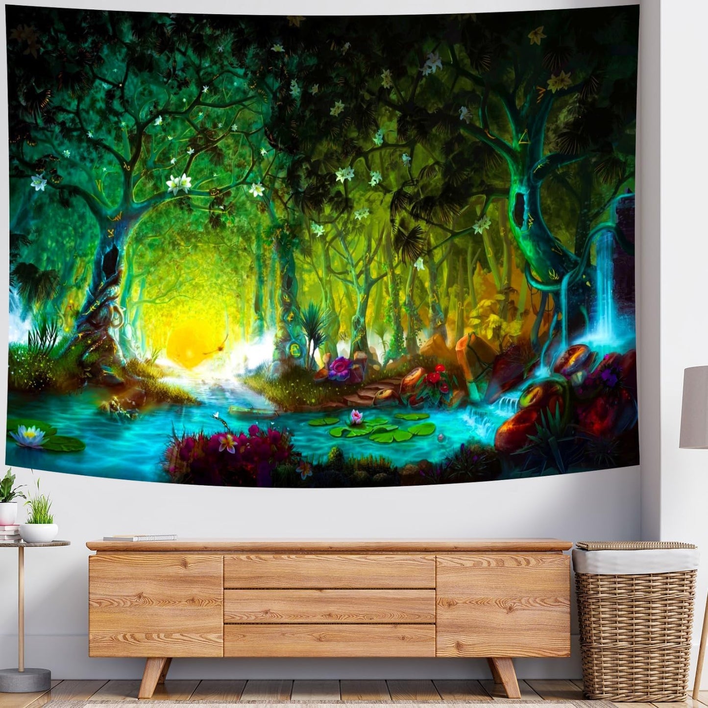 Delur Fantasy Forest Tapestry Mystical River Enchanted Magical Fairy Tale Tree Tapestry Sunrise Landscape Sunset Nature Psychedelic Wall Hanging Headboard for Bedroom Living Room Home Decor (51.2" x 59.1")