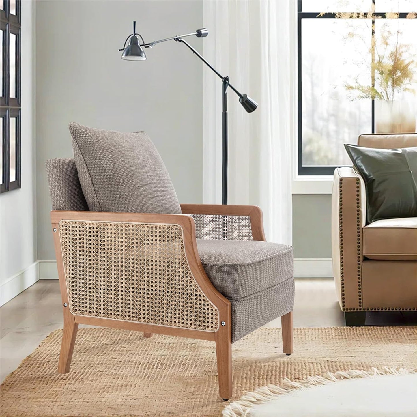 HAOBO Home Mid Century Modern Accent Chair Upholstered Living Room Chairs Armchair with Rattan Armrest Comfy Reading Chair with Wood Frame Lounge Side Chair with Waist Cushion Set of 2