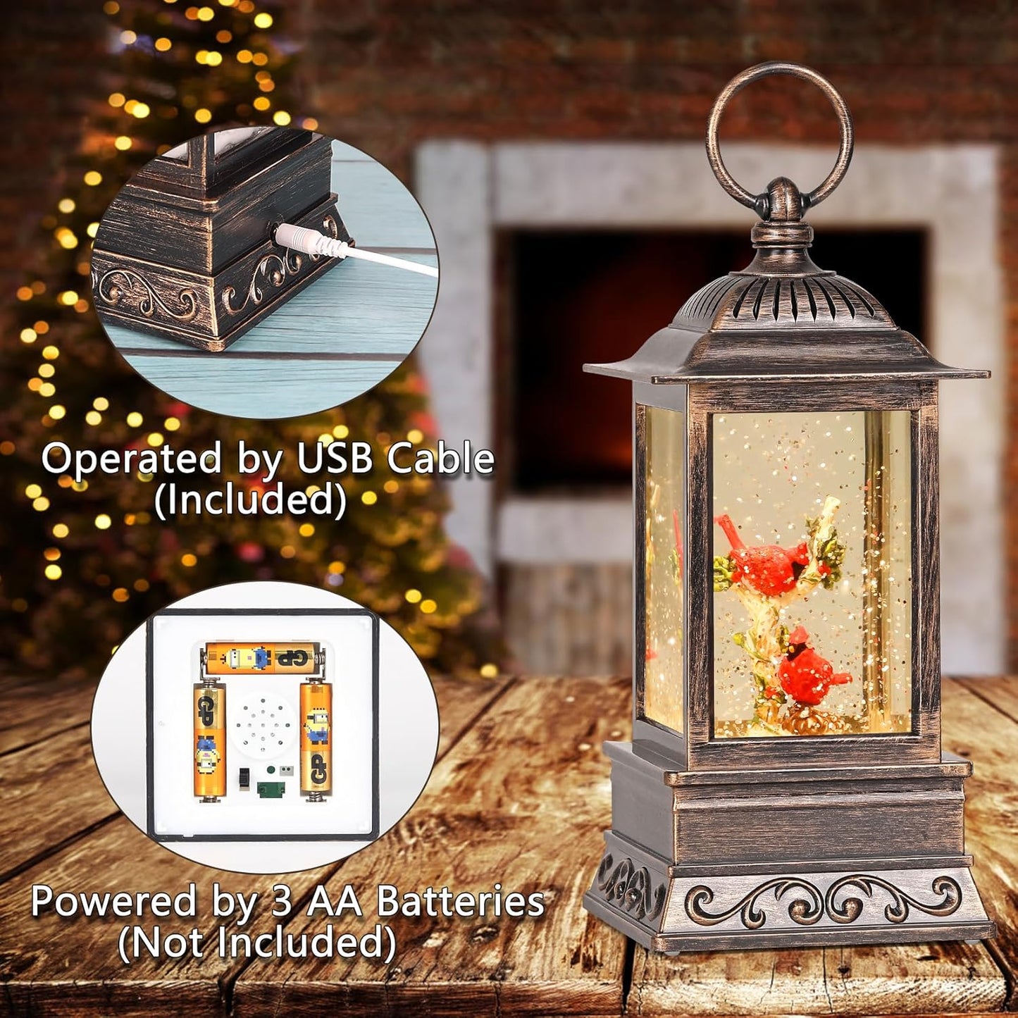 Christmas Snow Globe Cardinal Lantern, Glitter Lighted Christmas Decorations for Home with Music, Light Up Musical Snowglobe Cardinal Décor