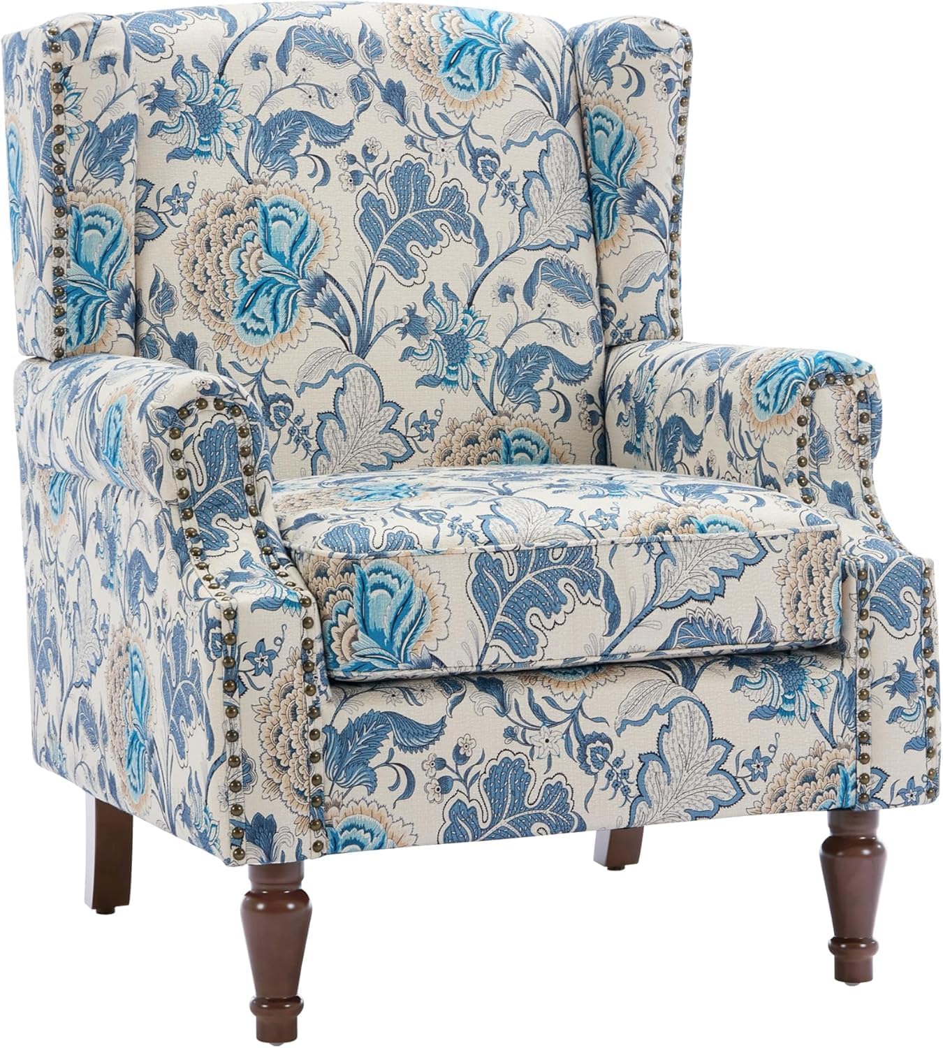 UIXE High Back Floral Accent Chair, Fabric Upholstered Armchair for Living Room, Retro Printed Wingback Arm Chair Nailhead Trim Single Sofa Bedroom Reading Seat - Boho Blue