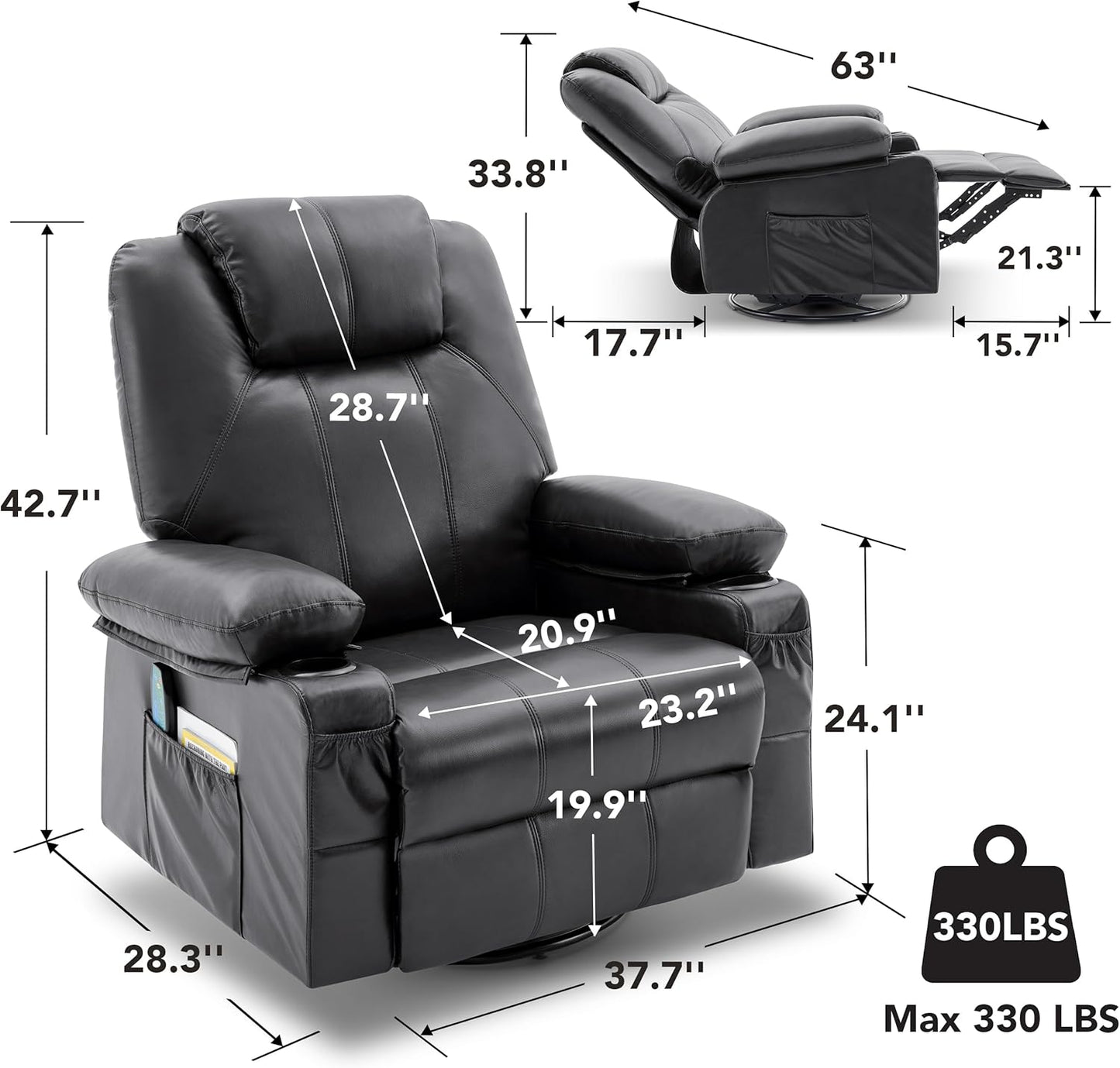Swivel Rocker Recliner Chair with Heat and Massage, 360 Degree Swivel Rocking Single Sofa with Cup Holders and USB Port, Large Big Recliner Chair for Living Room (Leather, Black)