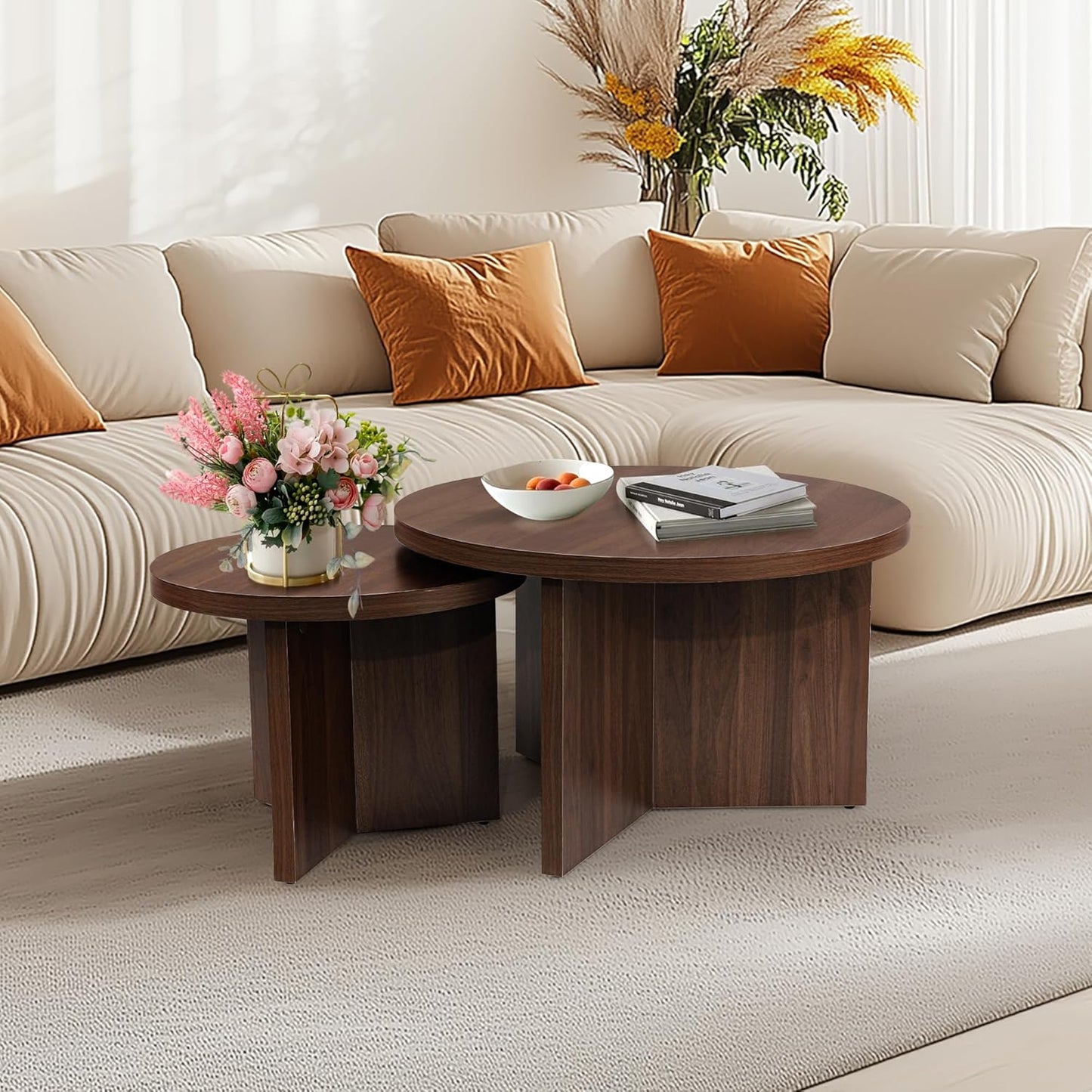 Round Nesting Coffee Tables Set of 2, Modern Stacking Table with Wood Grain Finish, End Table Side Tables for Living Room (Walnut)