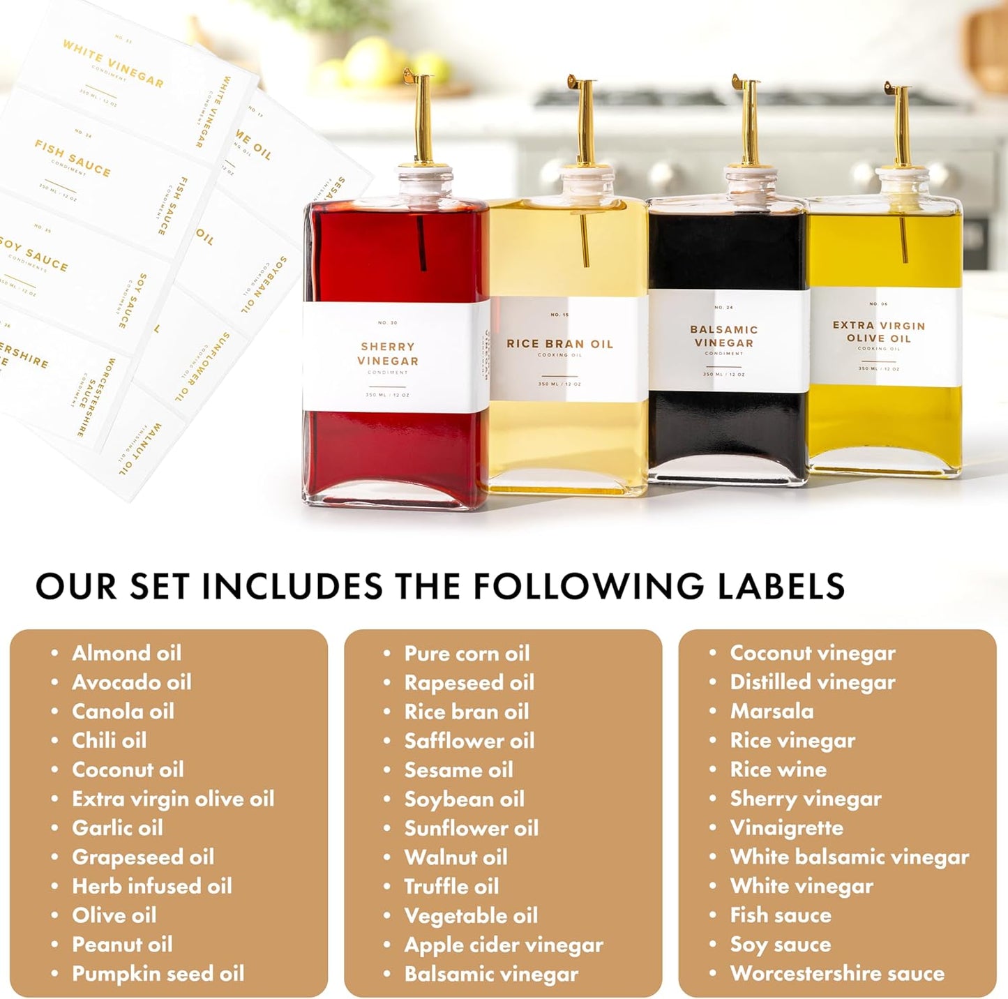 Glass Olive Oil Dispenser Bottle Set [4x12oz]: 36 Premium Gold Labels, Oil Dispenser for kitchen, Vinegar Bottle Set, Glass Dispensers for Soy Sauce, Syrup Bottles | Set of 4