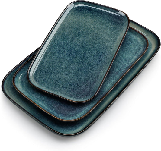 vancasso Stern Serving Platters Set of 3, 15/13/ 11 Inches Rectangular Serving Plates, Green Serving Trays for Entertaining, Party