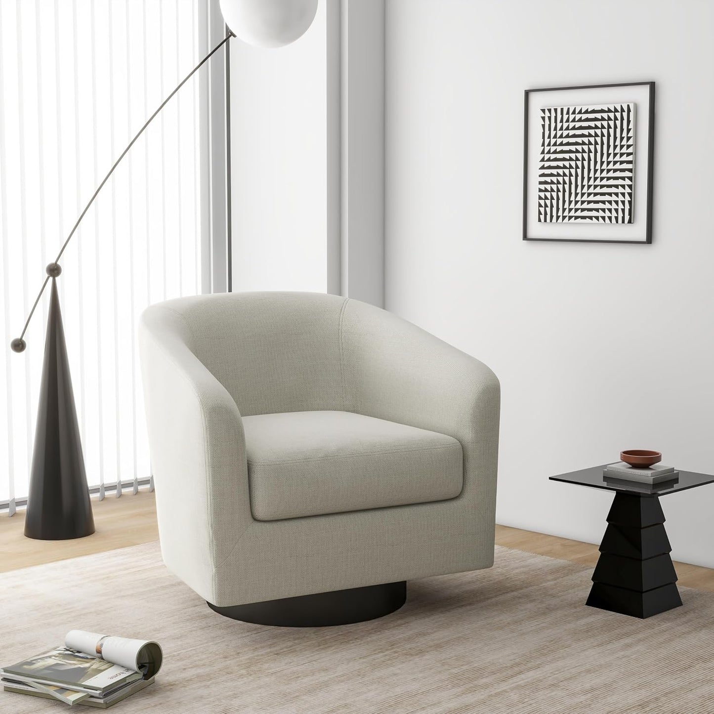 Swivel Barrel Accent Chair, Modern Round Linen Arm Chair for Living Room, Bedroom, Comfy Club Reading Chairs for Adults（Linen Fabric, Beige, Set of 1