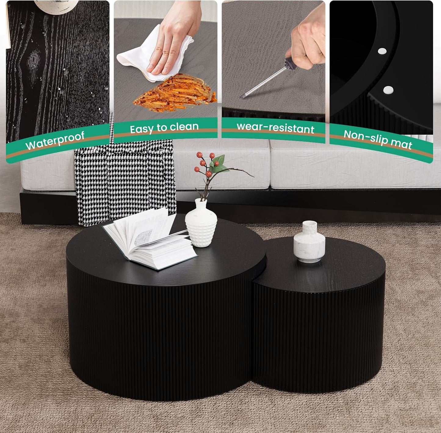 Round Nesting Coffee Table Set of 2 Handcraft Circle Fluted Nesting Coffee Tables Circular Side Table Drum Accent End Tables for Living Room Bedroom (Black Large)