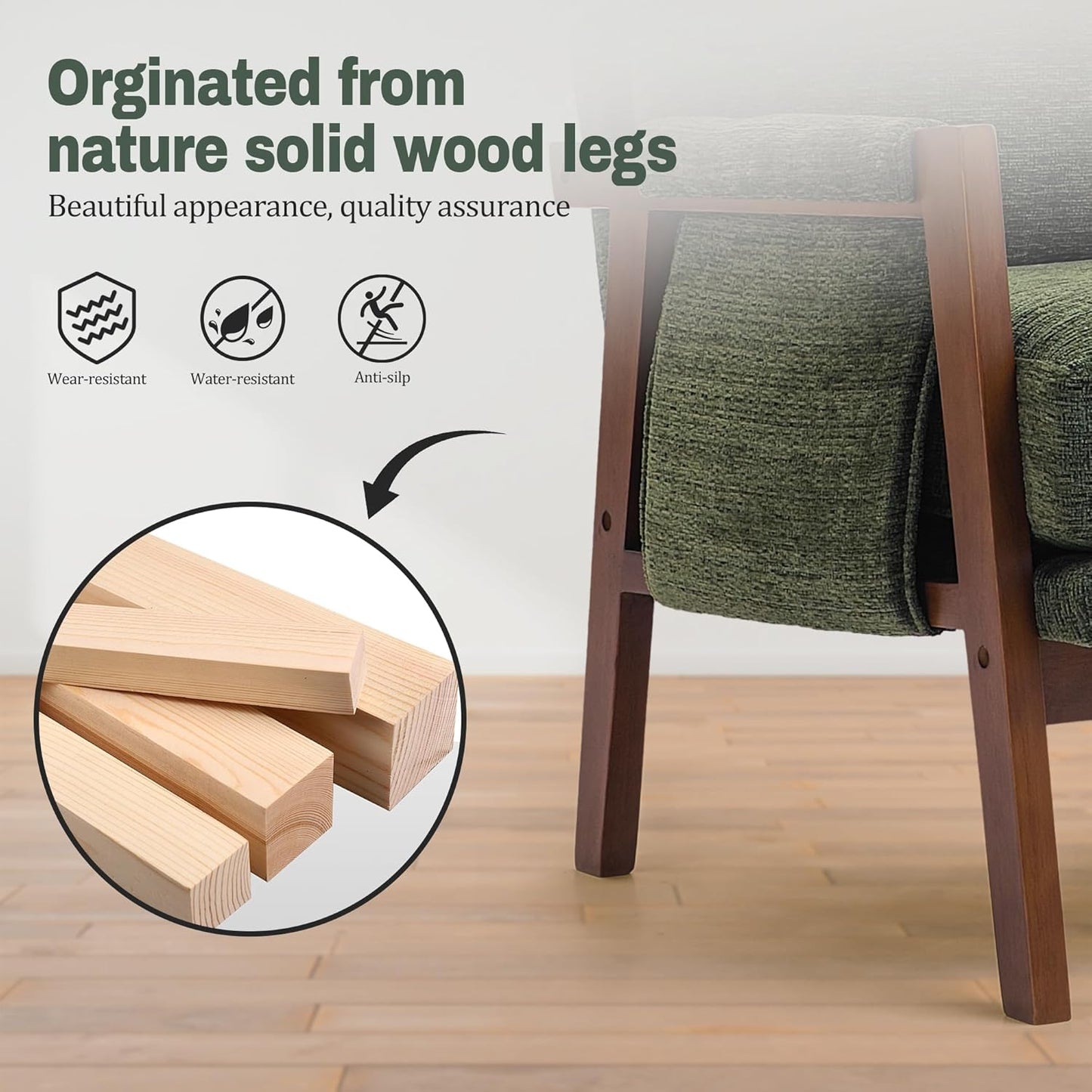 Modern Accent Chairs Set of 2 for Living Room Mid Century Arm Chairs Upholstered Bedroom Chairs Comfy Lounge Chairs with Solid Wood Frame, Green