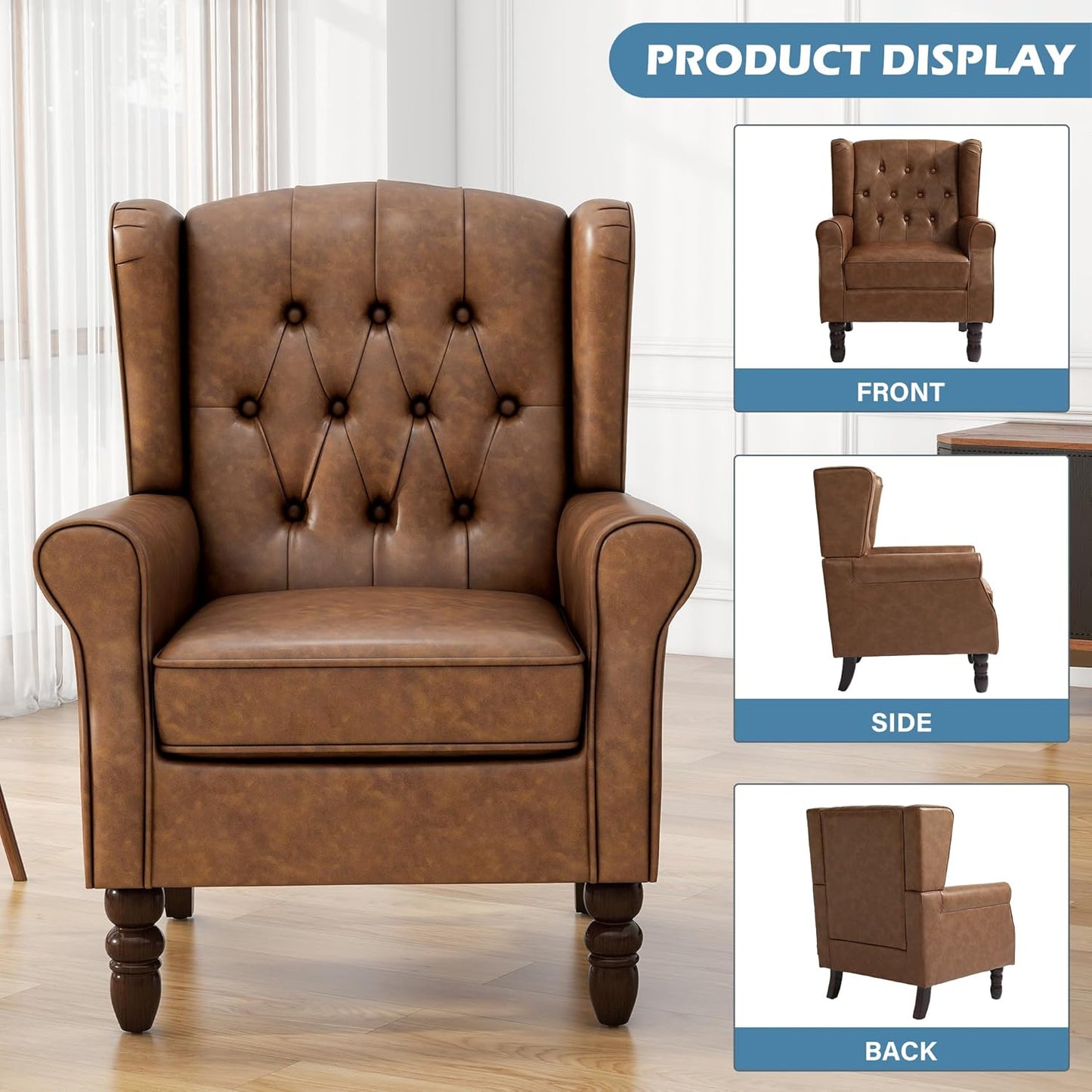 UIXE Faux Leather Accent Chair, High Back Upholstered Armchair for Living Room, Wingback Arm Chair Comfy Single Sofa Bedroom Reading Seat with Solid Wood Legs - Brown