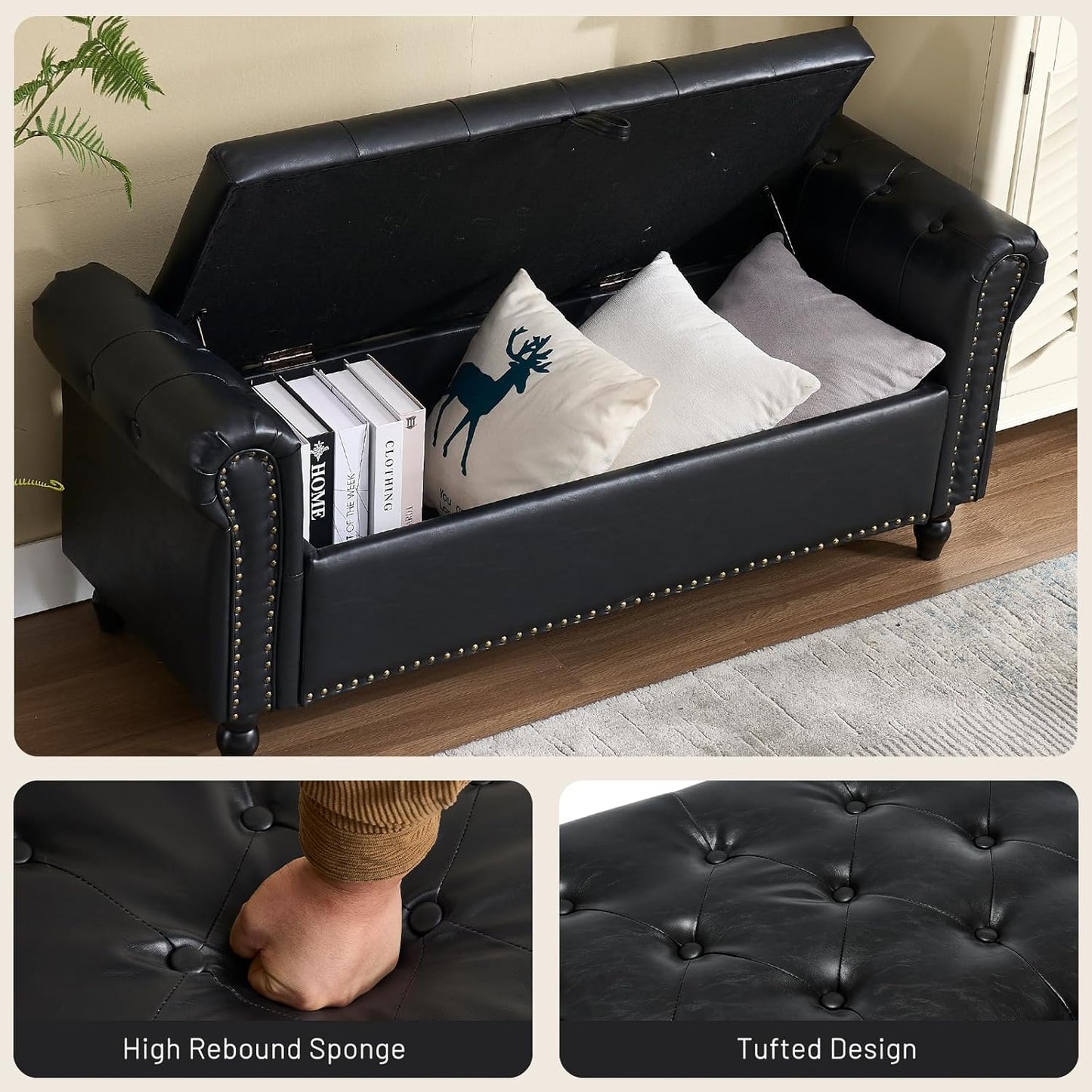 Furniliving 55” End of Bed Bench, Bedroom Bench with Button-Tufted, Large Upholstered Storage Ottoman Benches Entryway Bench with Storage Shoe Cabinet Bench, for Bedroom, Living Room, PU, Black