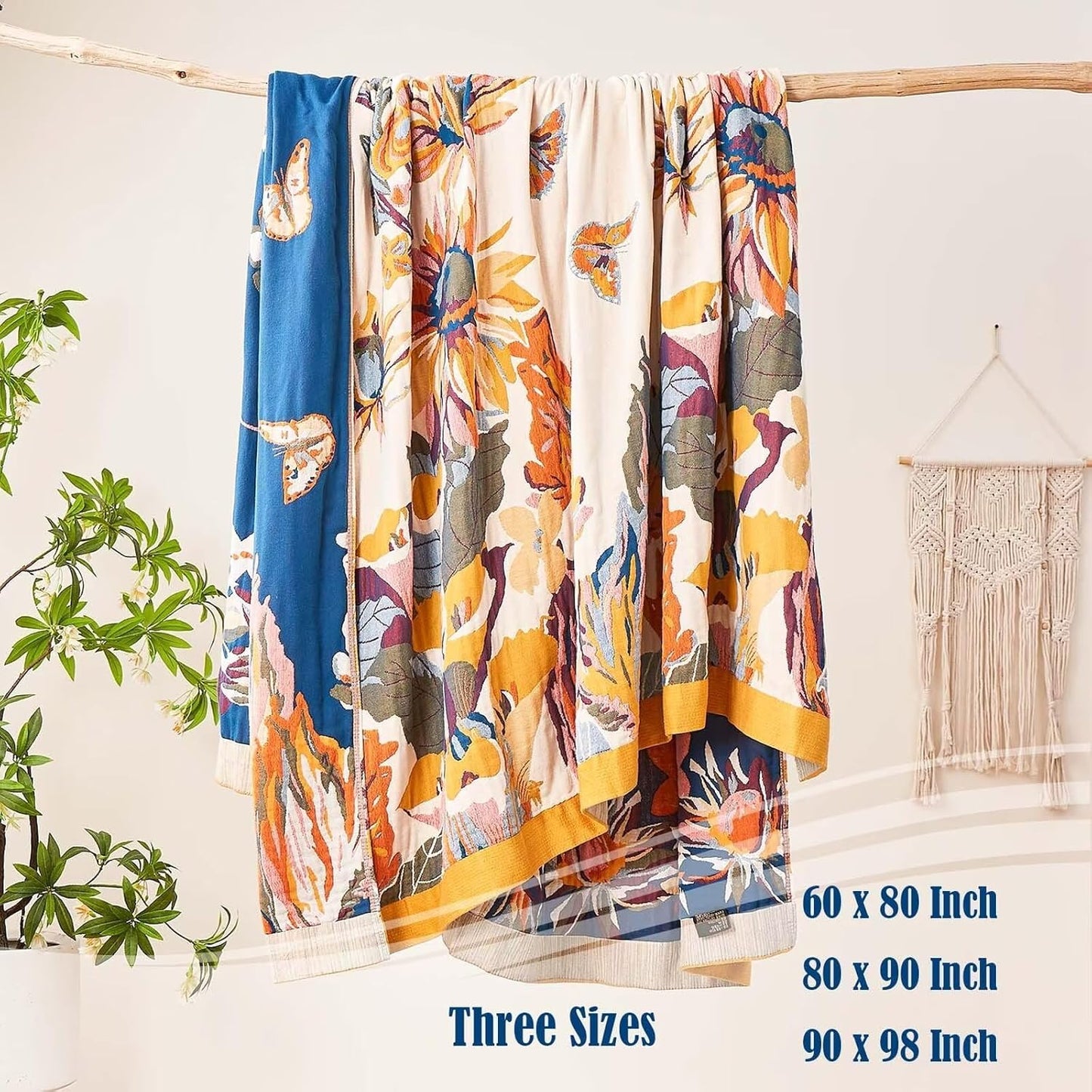 Boho Throw Blanket, 100% Cotton Ultra Soft Luxury Throw Rustic Quilt, 90"x98" Floral Bird Butterfly Farmhouse Decor Bed Blankets, All Season Rustic Reversible Bohemian Throw for Bed - Yellow