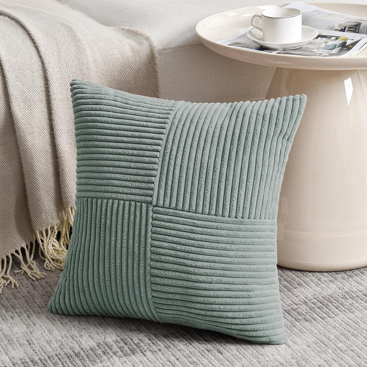 Fancy Homi 2 Packs Grey Blue Samll Decorative Throw Pillow Covers 14x14 Inch with for Couch Bed Sofa, Rustic Farmhouse Boho Home Decor, Soft Corss Patchwork Corduroy Square Cushion Case 35x35 cm