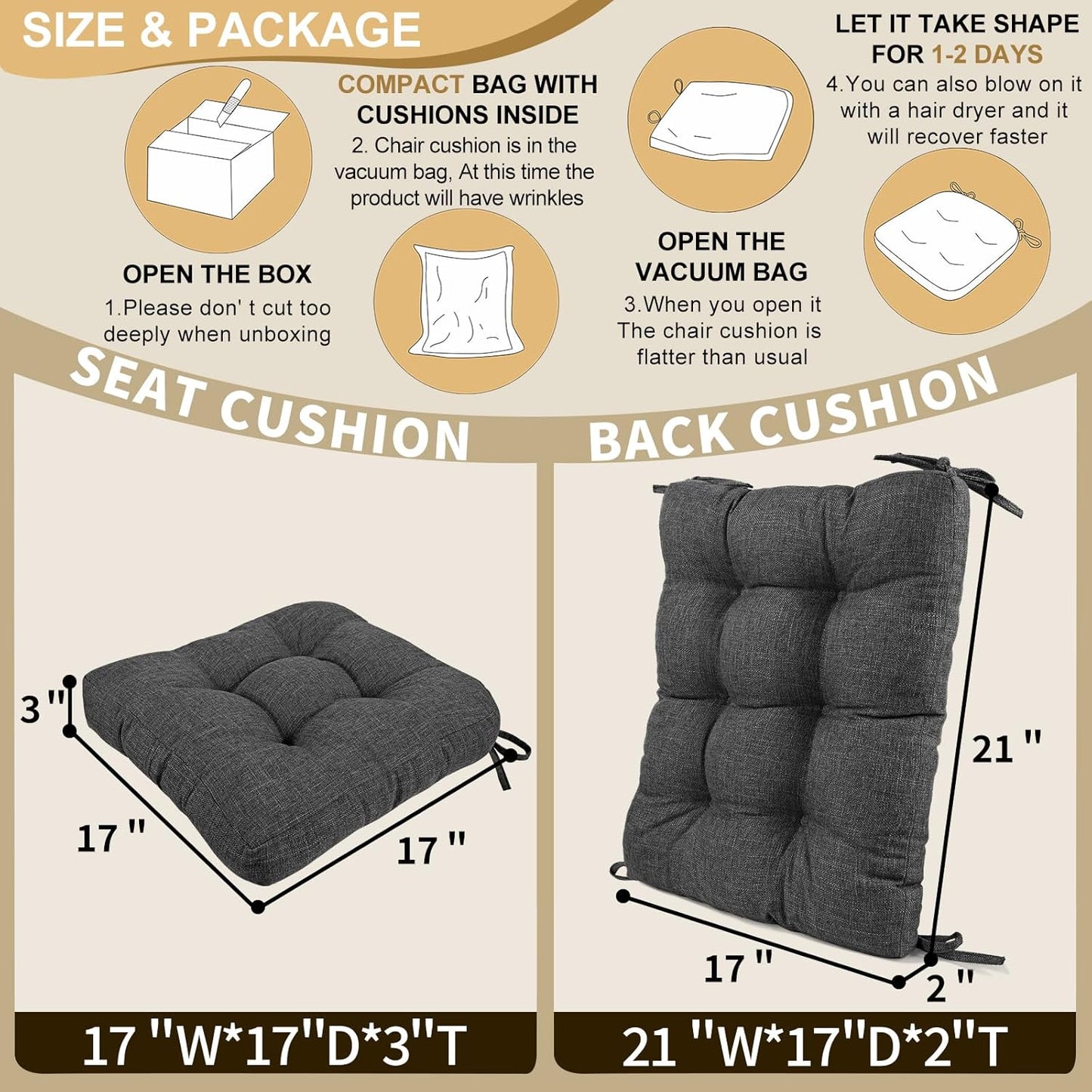 BUYUE Chair Cushion Set for Rocking Chair, Back Pillow & Seat Cushion with Ties, Original Woven Fabric Non-Slip Chair Pads for Elderly Sitting, Dark Gray