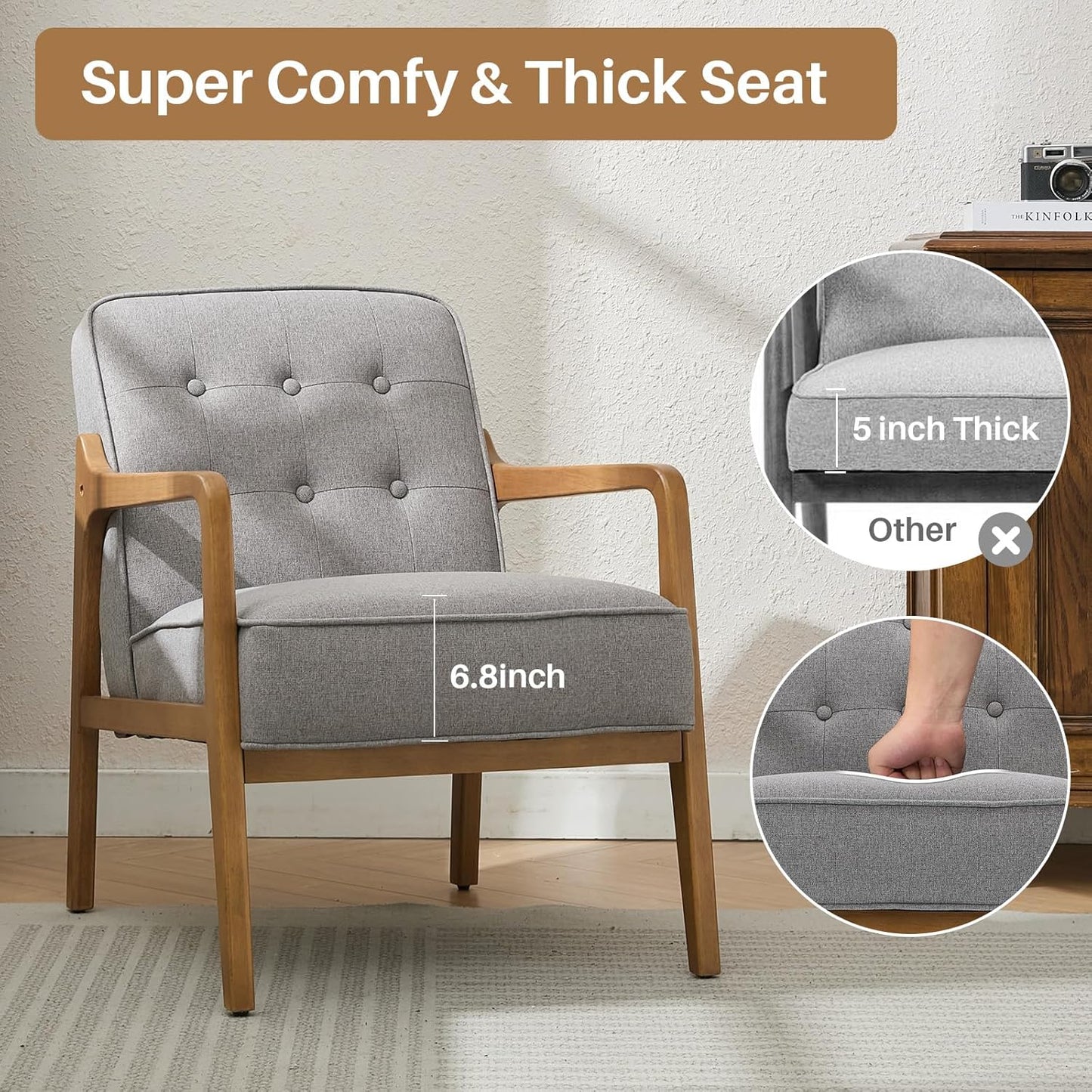 Linen Accent Chair, Mid Century Modern Chair for Living Room, Upholstered Comfy Lounge Armchair with Solid Wood Frame, Reading Side Chair for Bedroom,105°Ergonomic Comfort, Grey