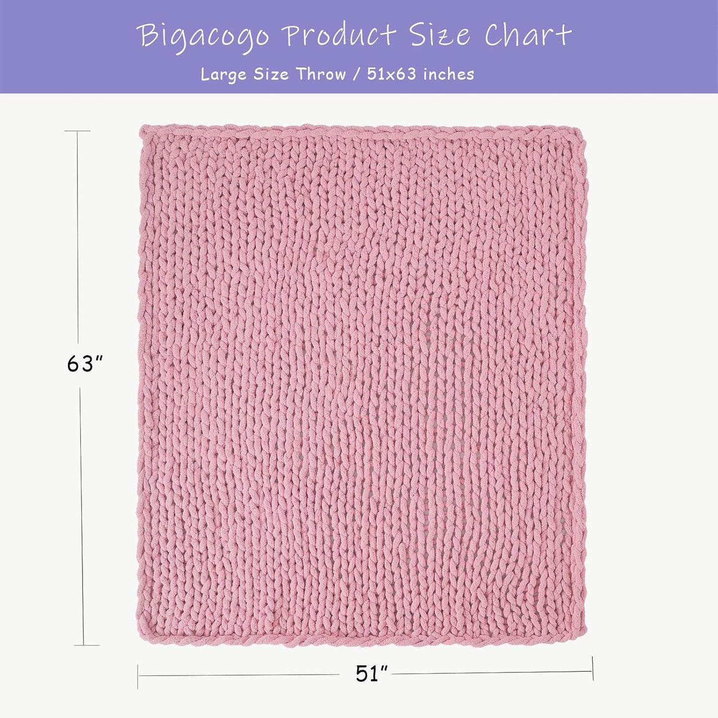 Bigacogo Chunky Knit Throw Blanket for Couch, 51x63 inches, 100% Hand Knitted with Thick Jumbo Chenille Yarn, Cozy Soft Large Rope Knot Cable Crochet Blankets for Sofa Bed Living Room, Blush Pink