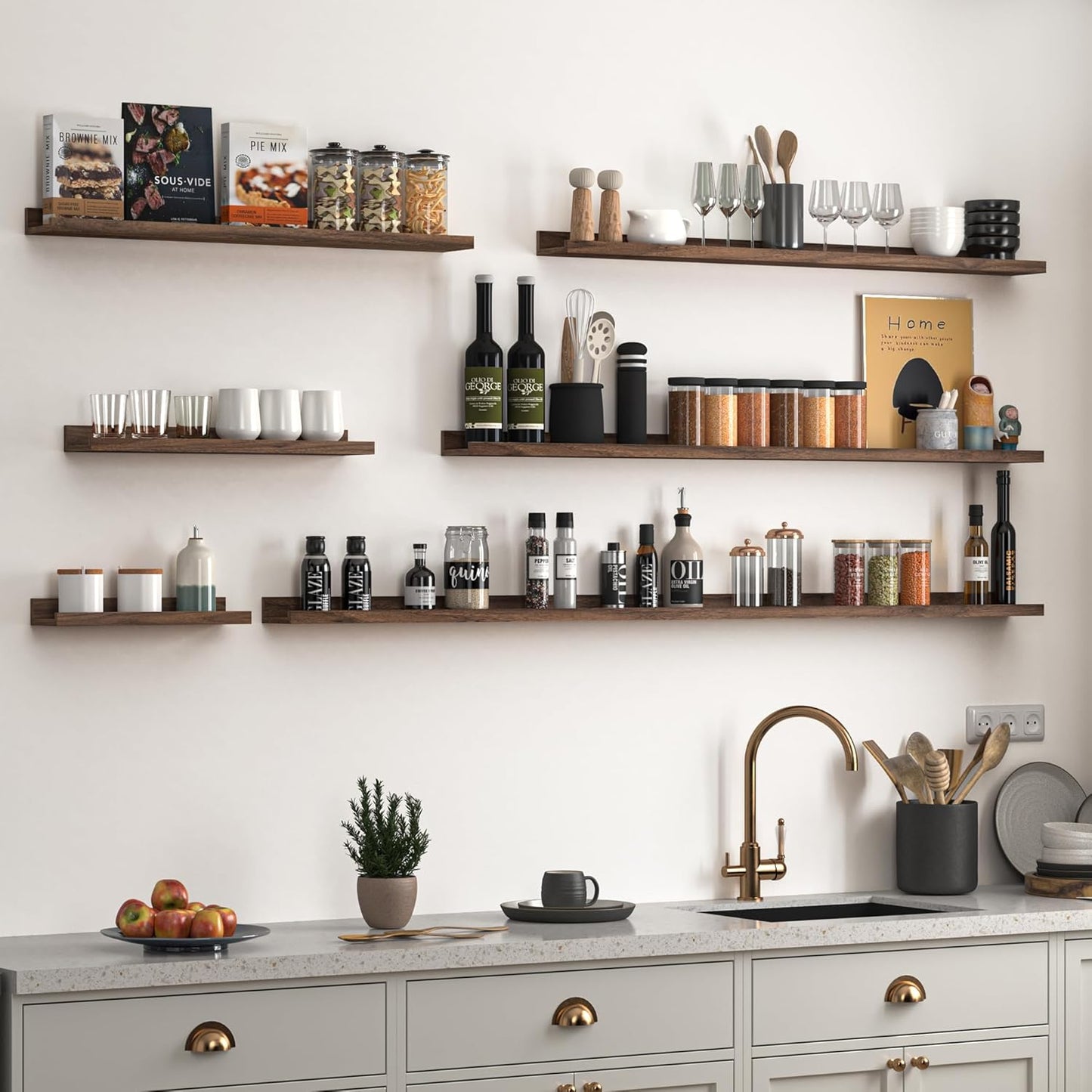 Heimlove Picture Ledge Shelf, Floating Shelves Set of 2, 48 Inches Picture Shelf for Wall with Ledge, Kids Bookshelf Wall Mounted for Living Room Bedroom Decor Books Photo Frames, Walnut