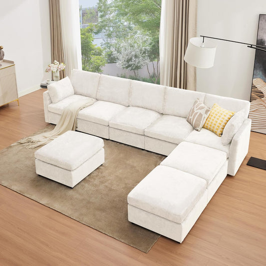 Tbfit L Shaped Couch 8 Seat, Sectional Sofa for Living Room,Chenille Cloud Couch with Ottoman, Beige
