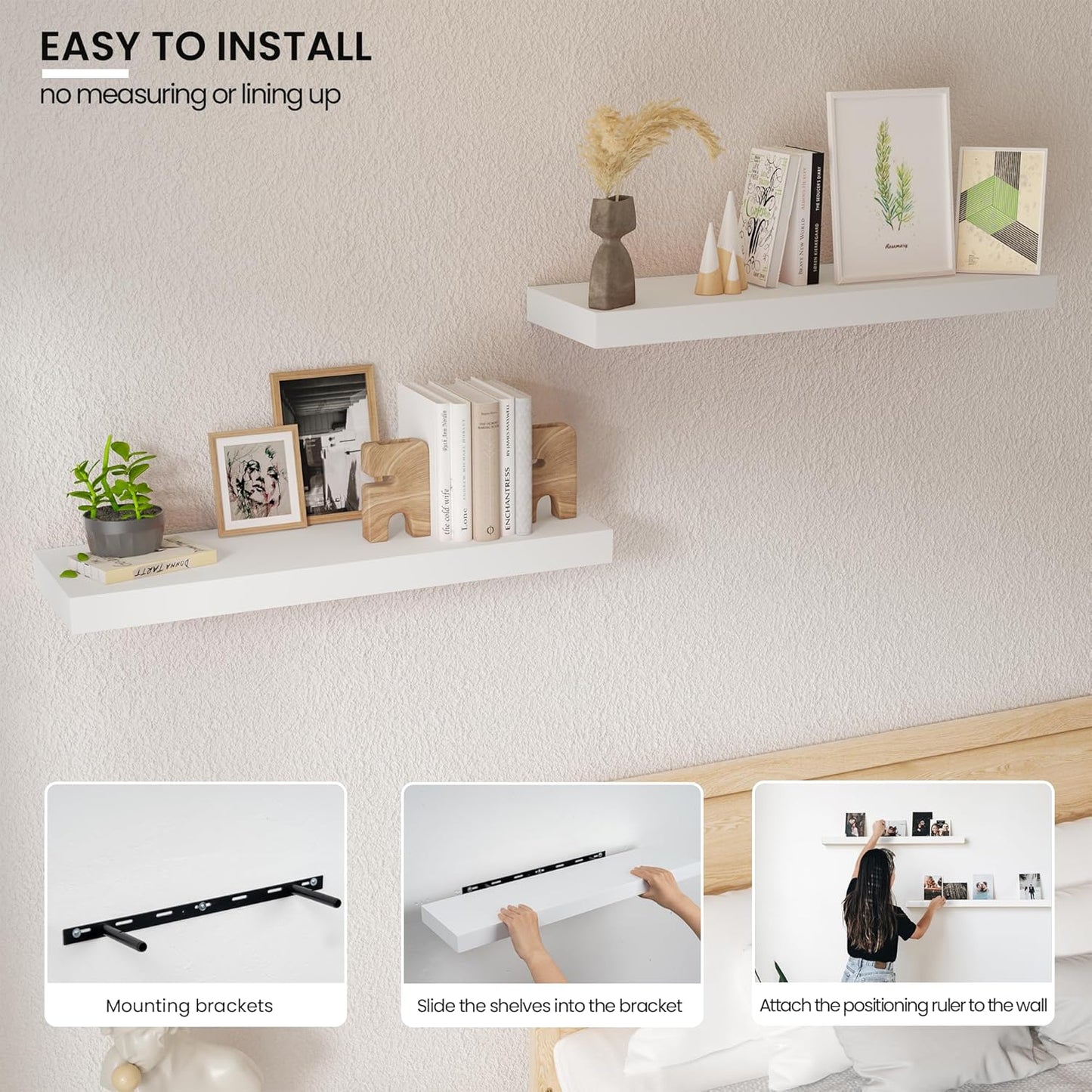 Floating Wood Shelves for Wall 24 Inches x 8”x 1.4” Shelf Floating Home Decor, Heavy Duty Shelf Hold 60 lbs, Wall Shelves for Bathroom Living Room Kitchen Bedroom Office - Set of 2 White