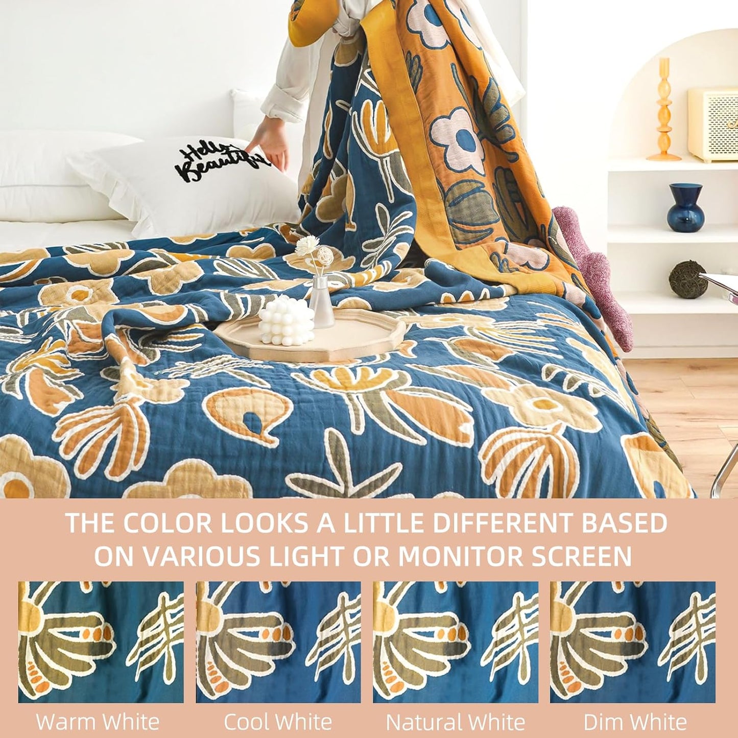 Boho Throw Blanket for Bed - 100% Pure Cotton Ultra Soft Rustic Quilt - Farmhouse Decor Bed Blankets, All Season Rustic Throw for Sofa Couch Chair(91''x 98'', Floral)